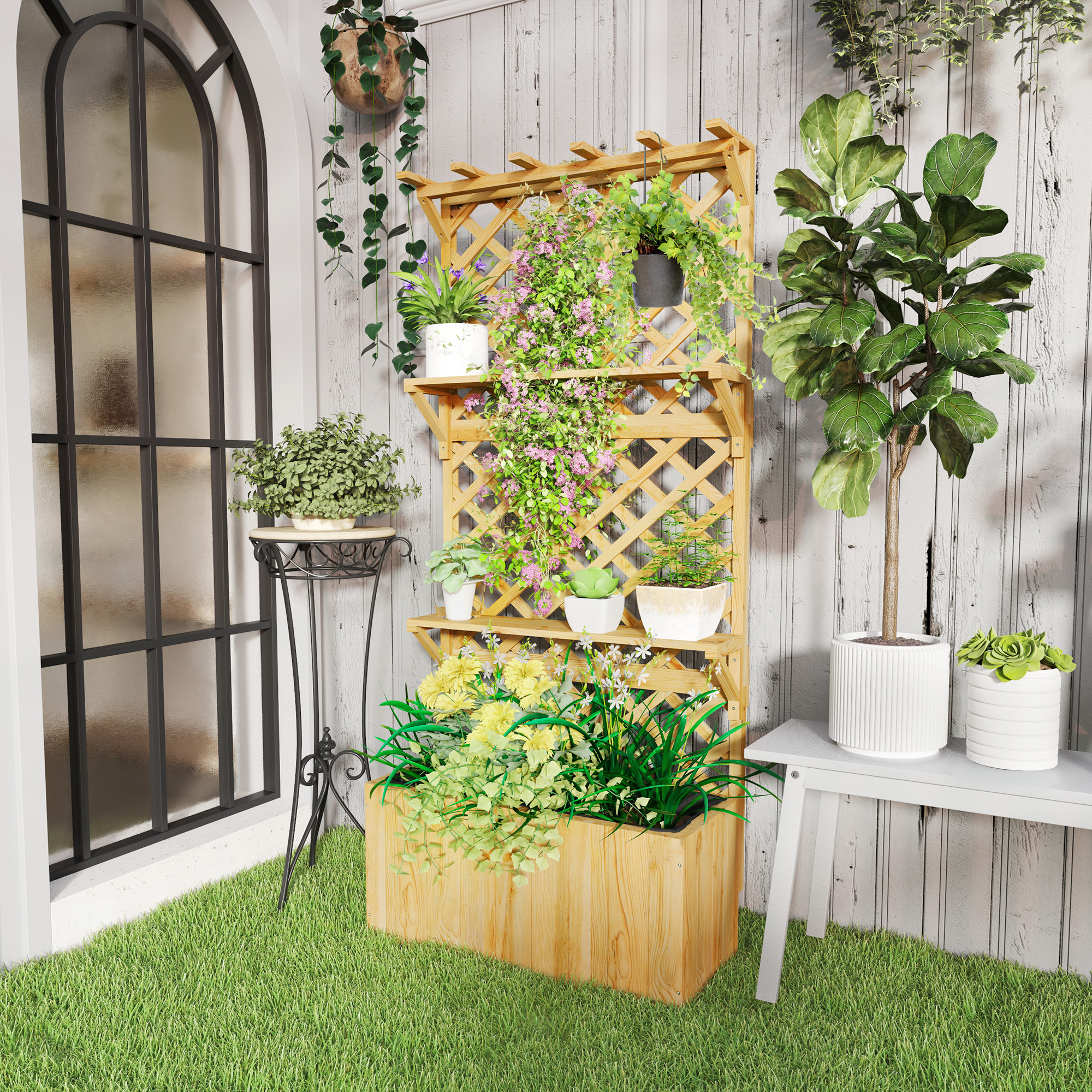 Outsunny Hochbeet mit Spalier, Blumenkasten, 2 Regale, Drainagelöcher, 76 x 33 x 177 cm