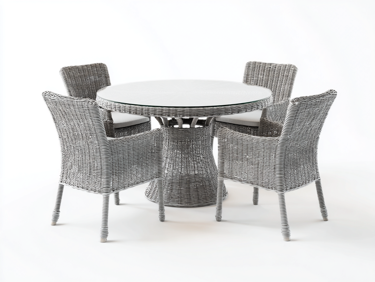 Garten-Essgruppe-Polyrattan-175x175x85 cm-Hellgrau-Outdoor-Gartenmöbel-Runder-Glastisch-Modernes-Design