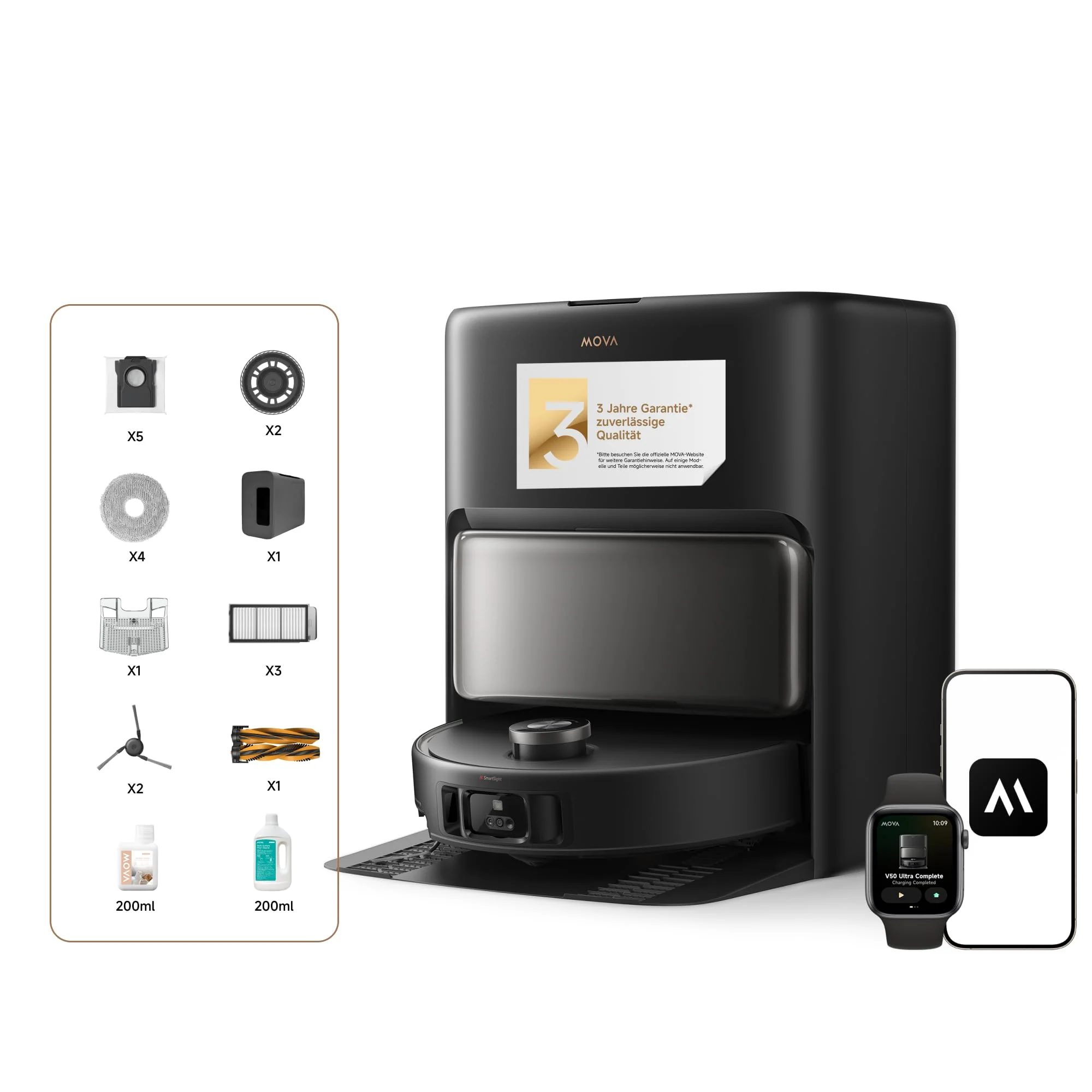 Mova V50 Ultra Complete Saugroboter mit Wischfunktion, Einer Saugkraft von 24.000 Pa, anhebbare Navigation mit 6 cm Hindernisüberwindung und Warmwasser-Wischen mit DuoSolution-System, weiß