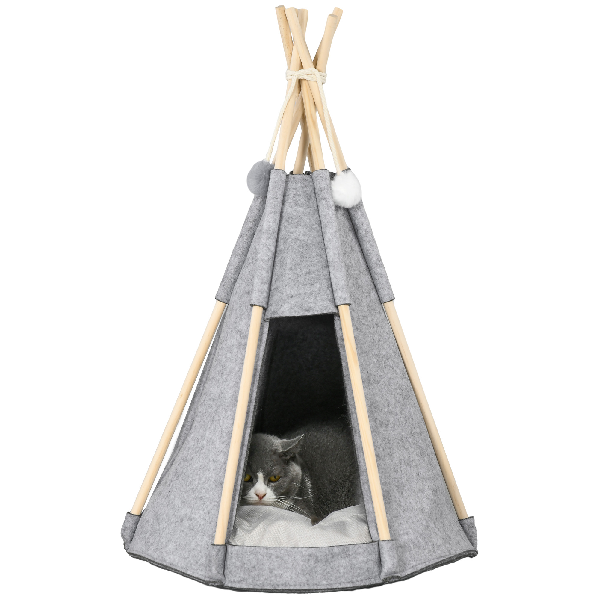 PawHut Tipi Zelt für Haustiere Teepee Katze oder Hund dickes Kissen 2 Pompons inklusive Holzstruktur aus Kiefer Filz Plüsch grau