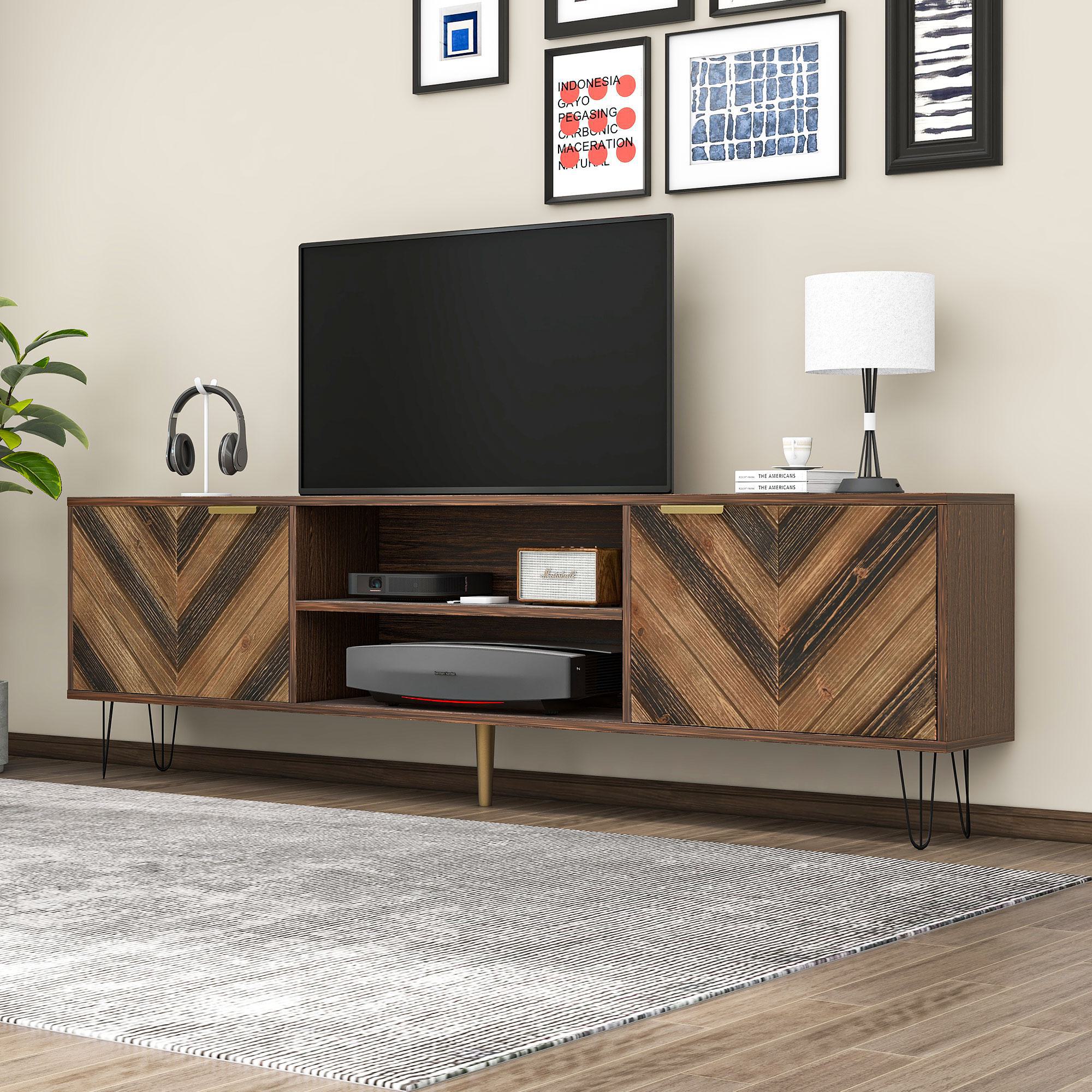 TV-Lowboard mit Massivholzfurnier, vergoldeten Griffen und robusten Eisenfüßen, Holzfarbe