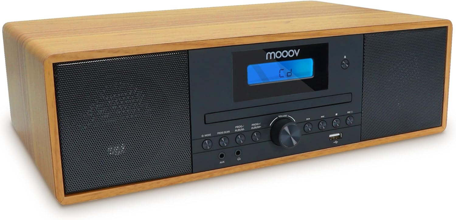 Mooov 477380 - Microcatena HiFi stereo 50 W musical, lettore CD, Bluetooth, radio FM, USB, AUX-IN, RCA, sveglia, telecomando