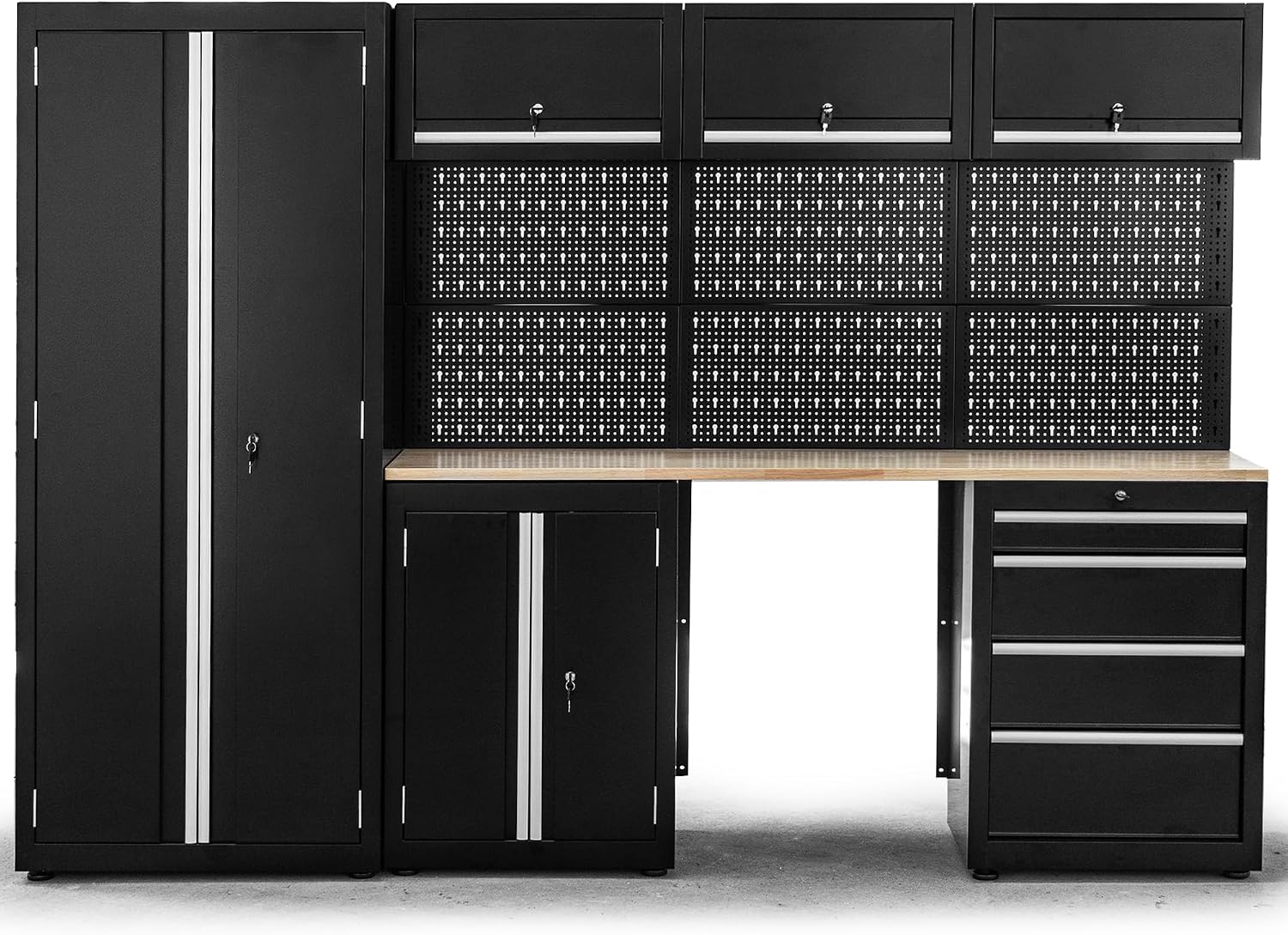 Ondis24 Werkbänke, 260 cm, Schwarz, XL Werkstatt Komplett Set vormontierte Männerküche, Werkzeugschränke, Werkbank mit Schubladen (9 TLG.)