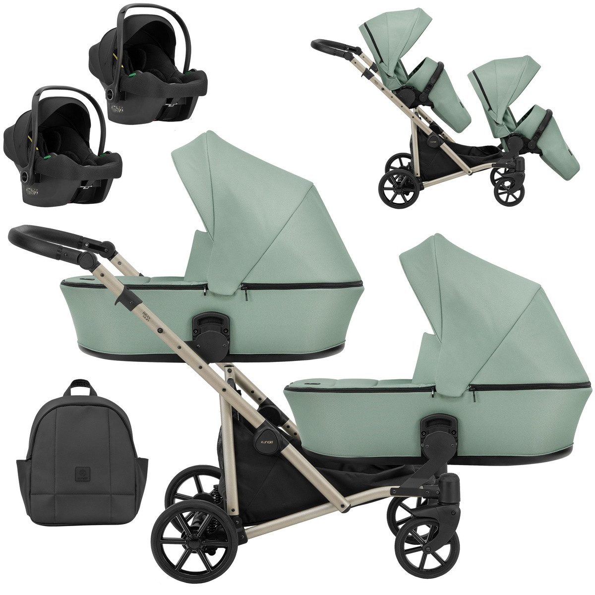 Zwillings-Kombikinderwagen BRAV DUO 3 in 1 Doppelkinderwagen mit 2x Cosmo Babyschalen Cream