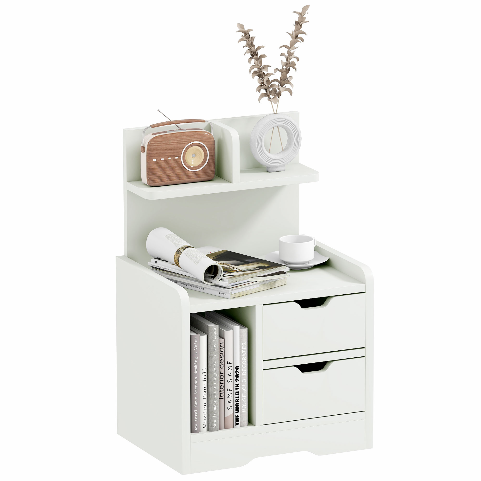 HOMCOM Nachttisch mit 2 Schubladen Nachtschrank moderner Nachtkommode mit offenen Ablage Weiß 40 x 30 x 60 cm