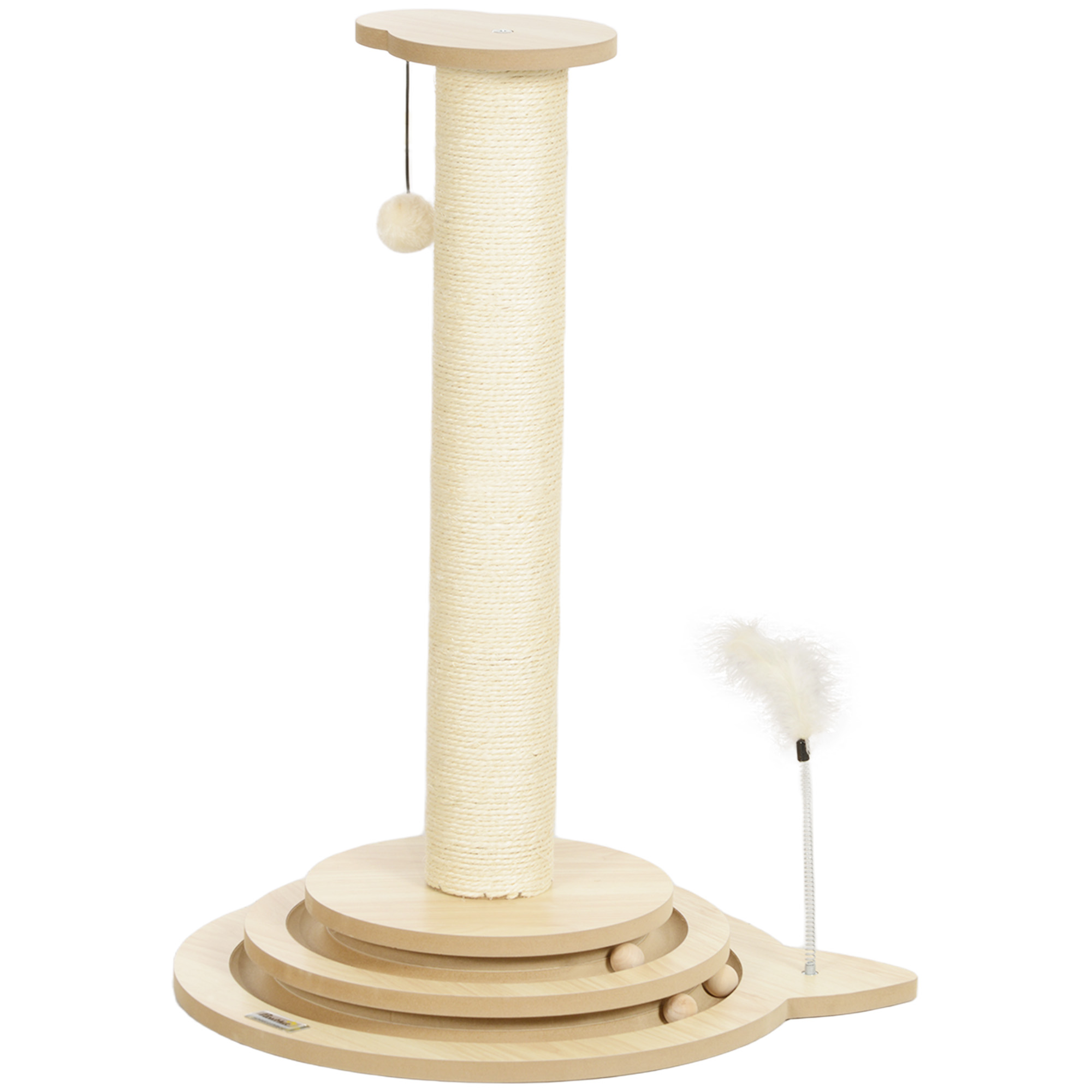 PawHut Katzenkratzbaum, 69 cm, Sisal-Kratzpfosten, Kugelbahn, Spielball, Spielfeder, 4-in-1-Design, Cremeweiß