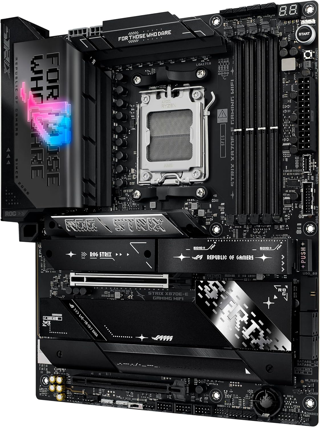 ROG Strix X870E-E Gaming WiFi Scheda madre AMD, 18+2+2 stadi di alimentazione, slot DDR5, cinque slot M.2, PCIe 5.0, GPU di nuova generazione, WiFi 7, USB 20G con PD 3.0 fino a 30W, Aura Sync