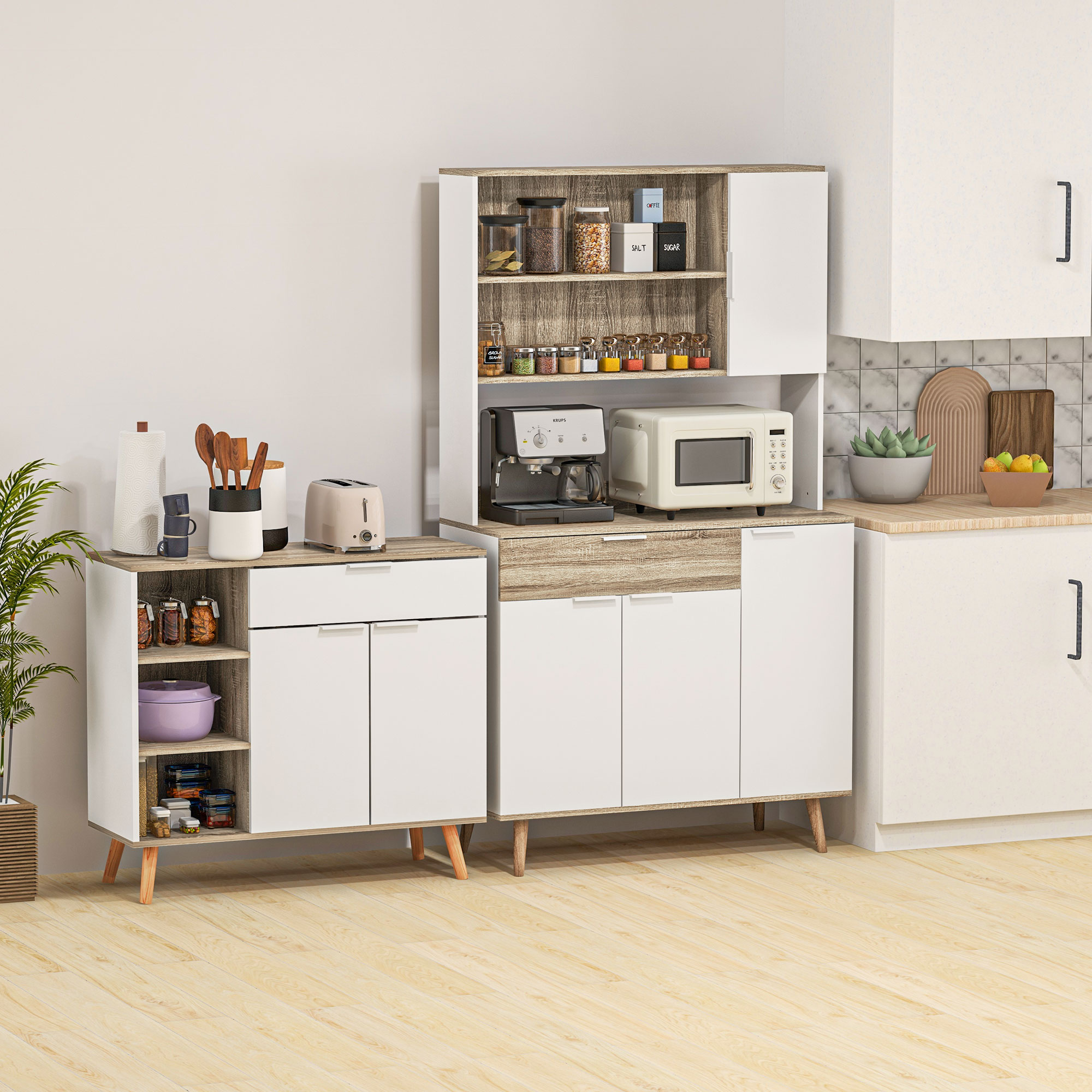HOMCOM Küchenschrank Aufbewahrungsmöbel 4 Türen 1 Schublade skandinavisches Design 98 x 39 x 180 cm Weiß und Natur