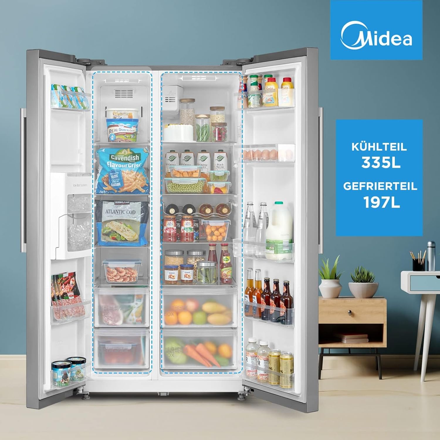 Midea KS-DDX 6.32 WT Side-by-Side Kühl-/Gefrierkombination/ 178,8 cm Hhe/ 254 kWh/Jahr/No Frost/Dual Inverter Compressor/mit 3in1 Wasser-/Eisspender und Wassertank, Dark Inox