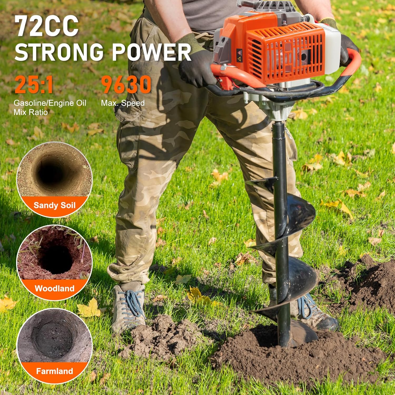 72CC Newly Upgraded Post Hole Digger Gas Powered  2 Stroke Auger Post Hole Digger with 3 Drill Bits (4