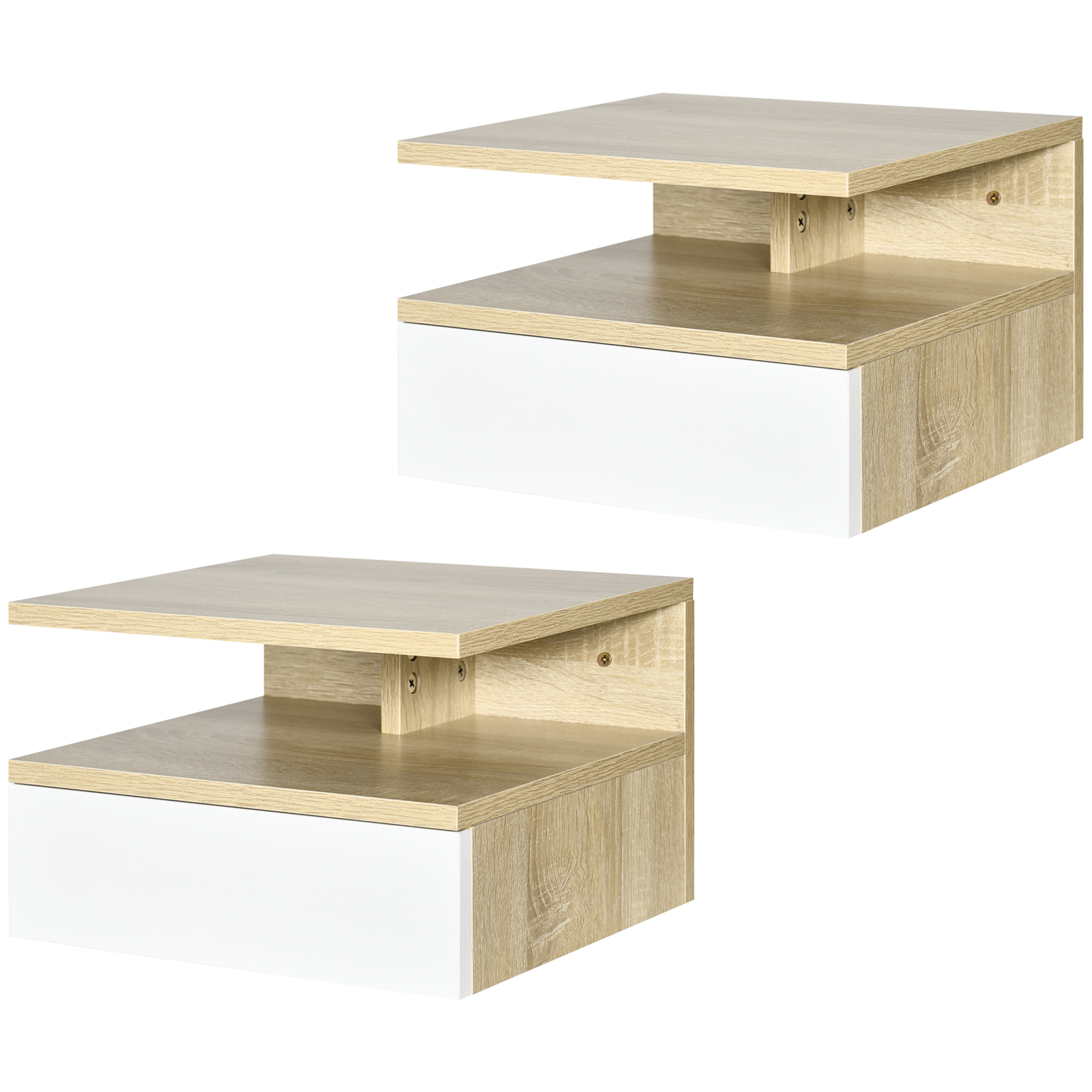 HOMCOM Set von 2 Wand-Nachttischen - Set von 2 Nachttischen - Schublade, Fach, Platte - Spanplatten Hell Eiche und Weiß
