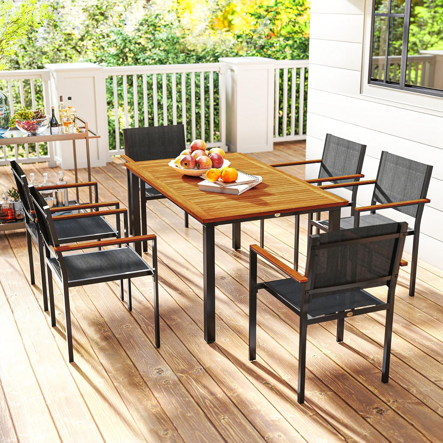 Outsunny Set Tavolo e Sedie da Esterno da 7 Pezzi, Set da Pranzo con Tavolo e 6 Sedie Impilabili con Braccioli, Mobili da Esterno in Acciaio, Texteline e Legno di Acacia per Terrazza, Teak