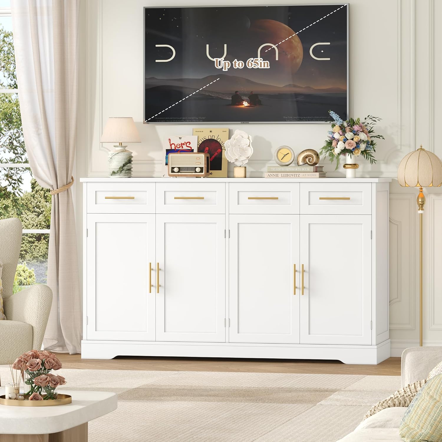 HOCSOK Credenza Cucina, 150 cm Madia Cucina con 4 Cassetti 4 Ante, Credenza Soggiorno con Maniglie in Metallo per Soggiorno, sala da pranzo, Ingresso, Mobile TV, 150×92×40 cm, Bianco