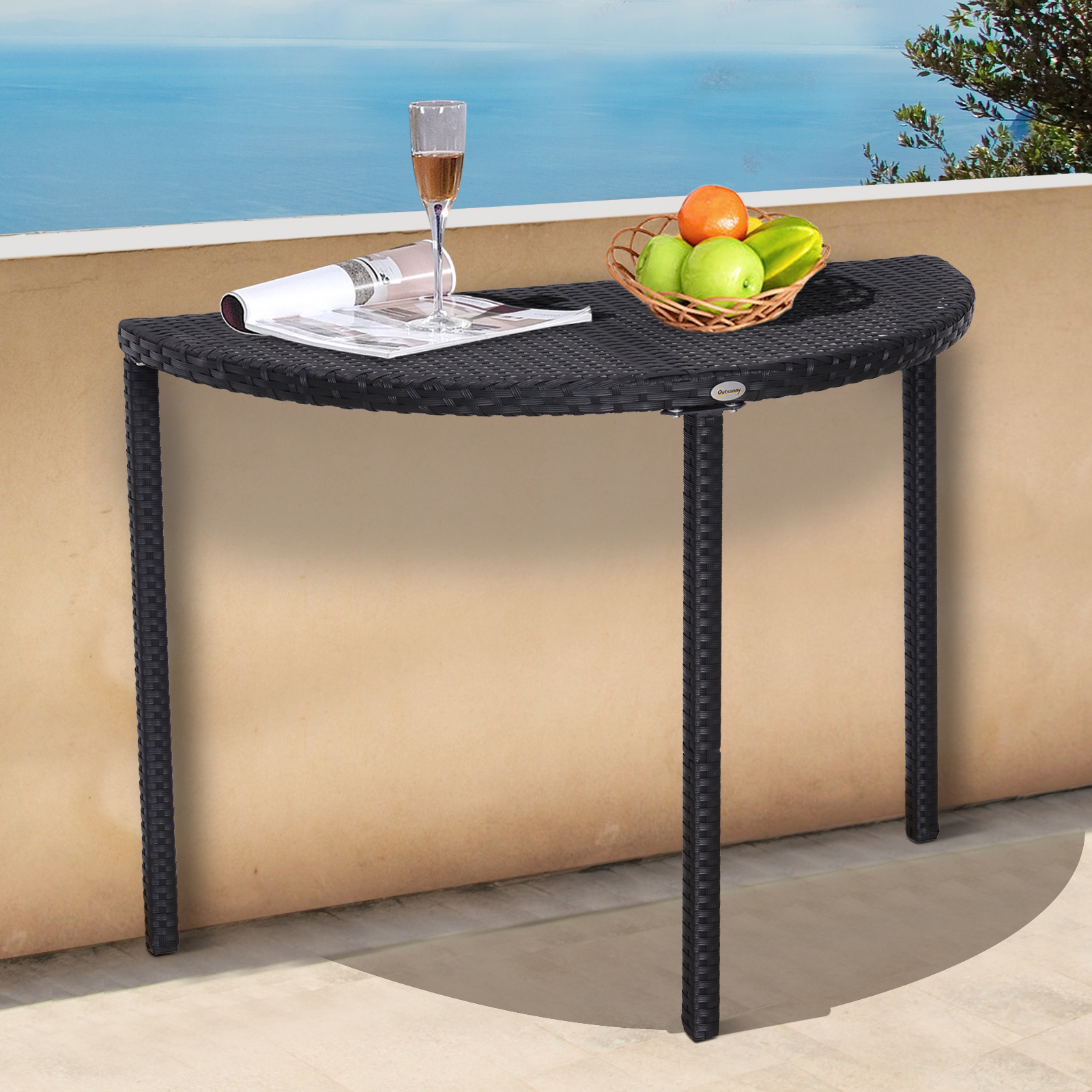 Outsunny Balkontisch Garten Beistelltisch Tisch Gartenmöbel halbrund Polyrattan Metall Schwarz 100 x 50 x 74 cm