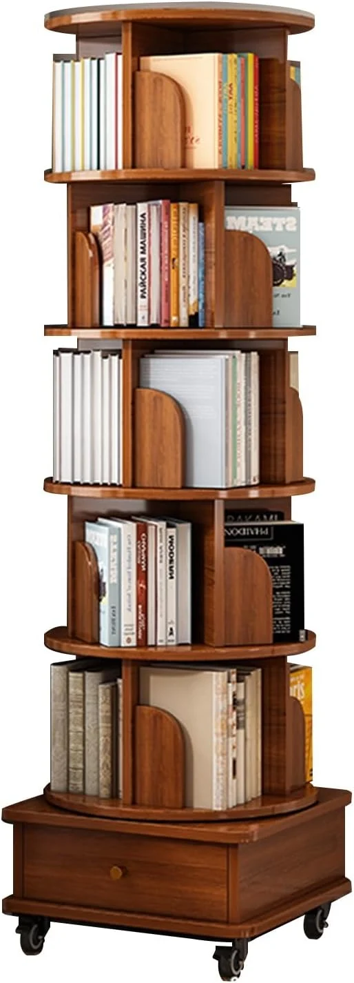 Drehbares Bücherregal, mit Schubladen, Wohnzimmerregal, Schülerregal, herausnehmbar, Eckschrank, 6 Etagen(Walnut)