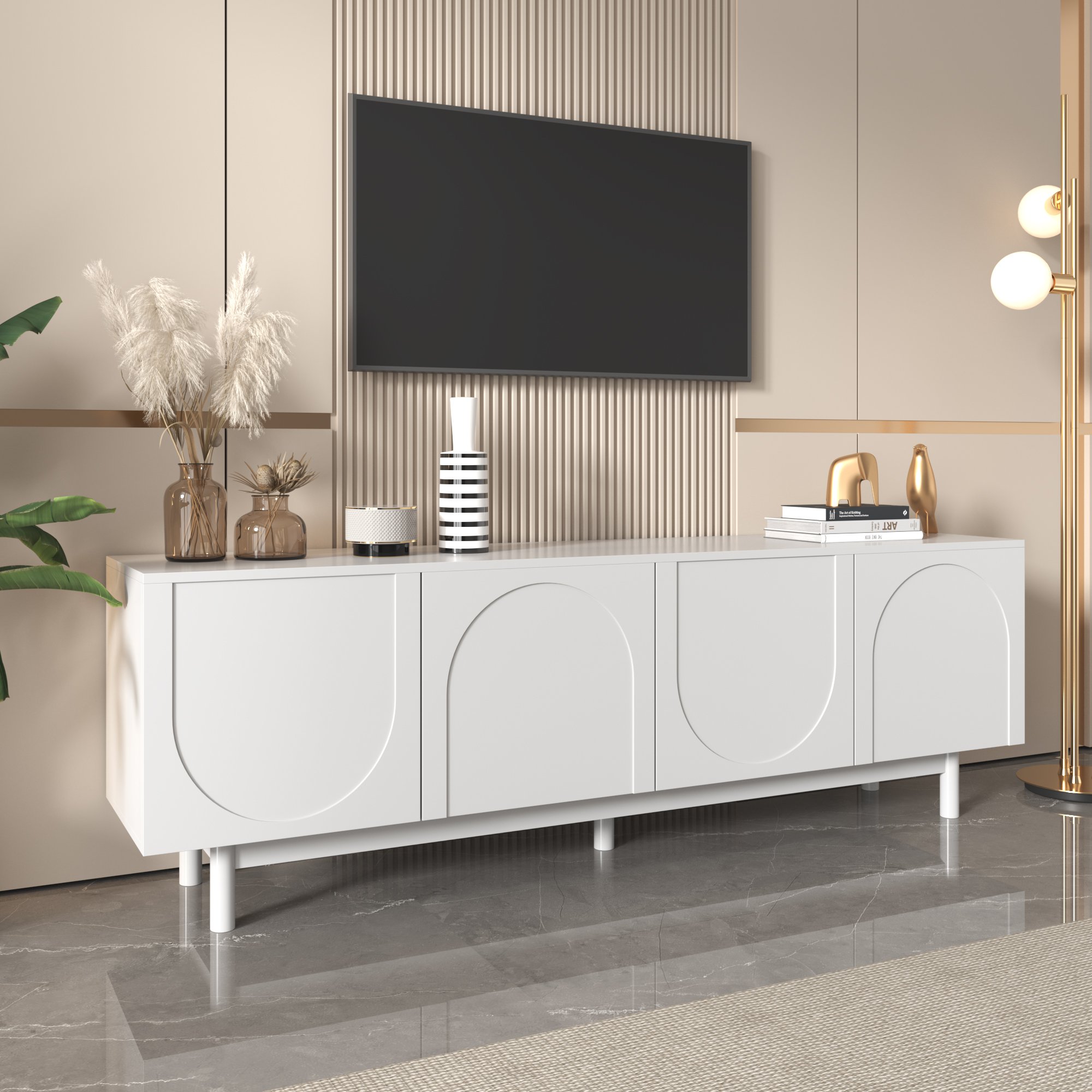 Luxuriöses Lowboard-TV-Möbel mit Struktur-Türen und verstellbaren Trennwänden, weiß