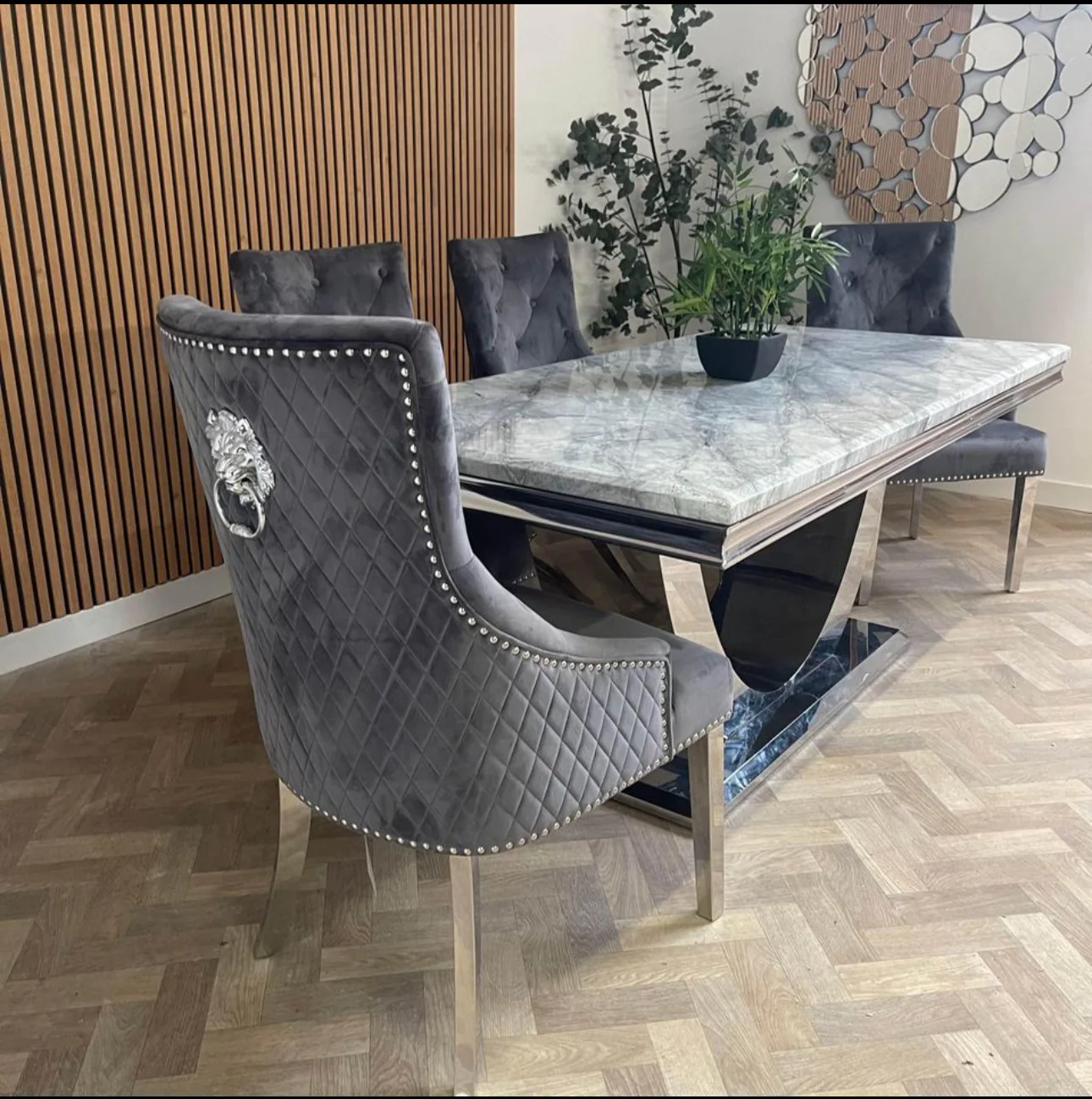 London Marble Dining Table Light Grey  With Majestic Dark Grey Lion Knocker Chairs – Modern Luxury Set