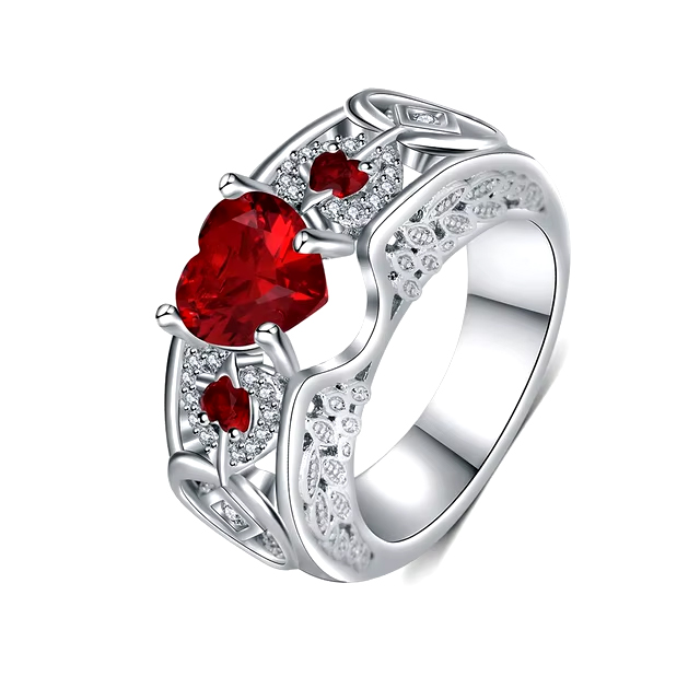 925-Sterling Silver Red Heart Design Shining CZ Crystal Ring