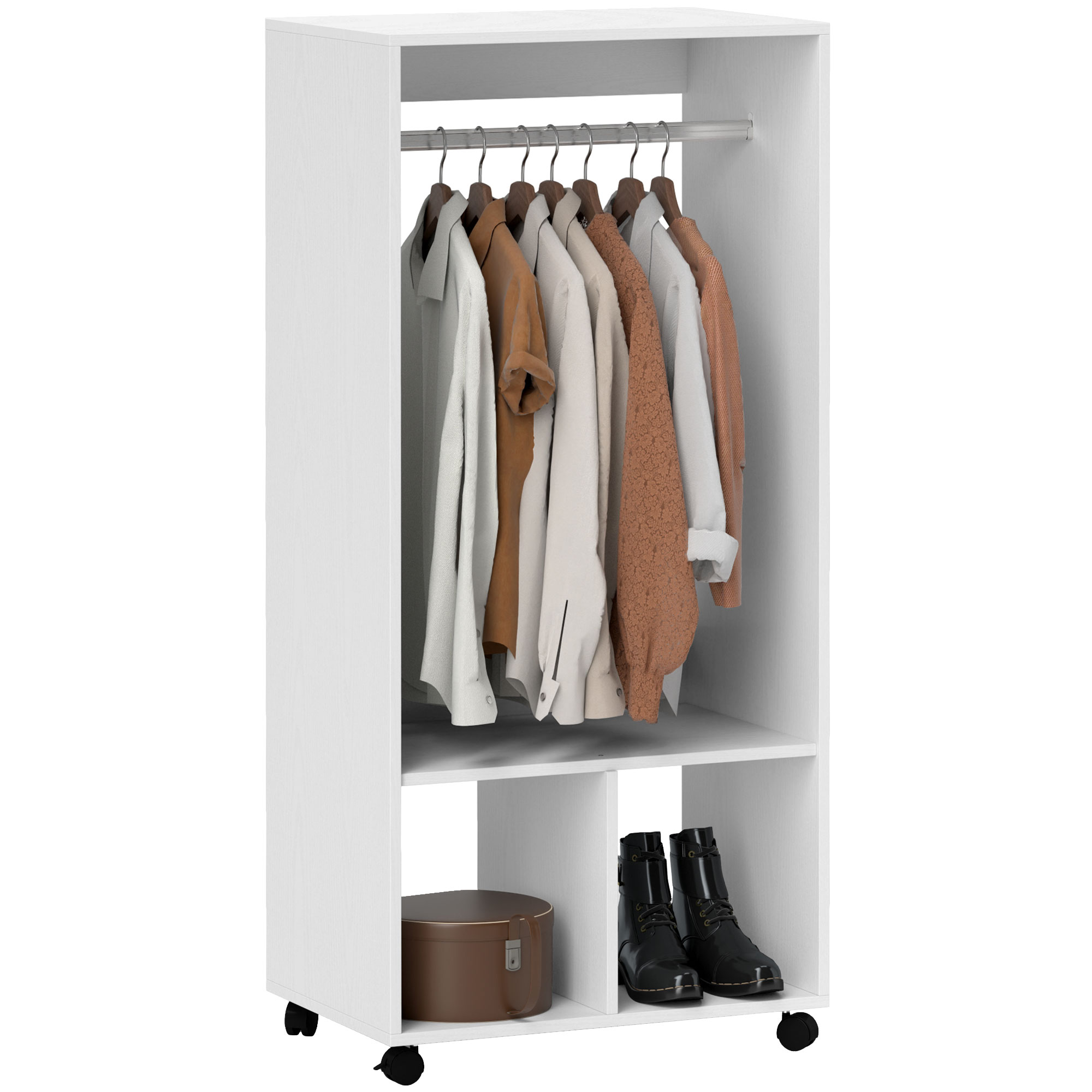 Kledingkast op Wielen,60 cm x 40 cm x 127 cm, 1 Kledingroede, 2 Planken, Wit