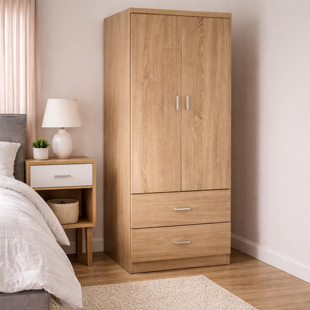 Armadio 2 Ante e 2 Cassetti - Struttura in Legno Truciolare, Guardaroba, Moderno, Asta Appendiabiti, con Maniglie, Spazioso, Organizzatore Vestiti - 80 x 52 x 190 cm (Rovere Naturale)