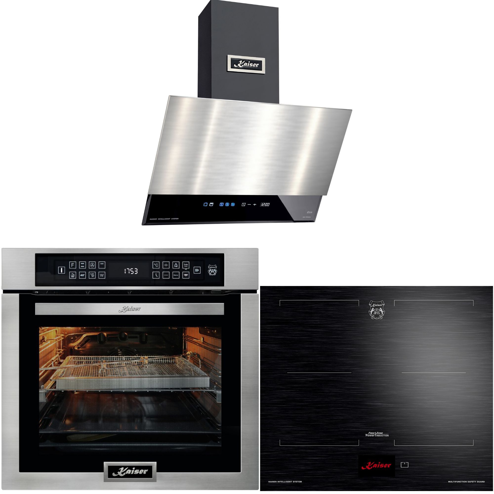 Backofen-Set Herd Set Autark Edelstahl Einbau Backofen 86L Temperatursonde – Bratautomatik 15 Fkt. Grill Air fryer Full Touch 60 cm mit Induktionskochfeld 60 cm FREE ZONE mit 2 FLEX Induktions-Zonen TFT Display+Dunstabzugshaube 60 cm EH 6306 N R+KCT