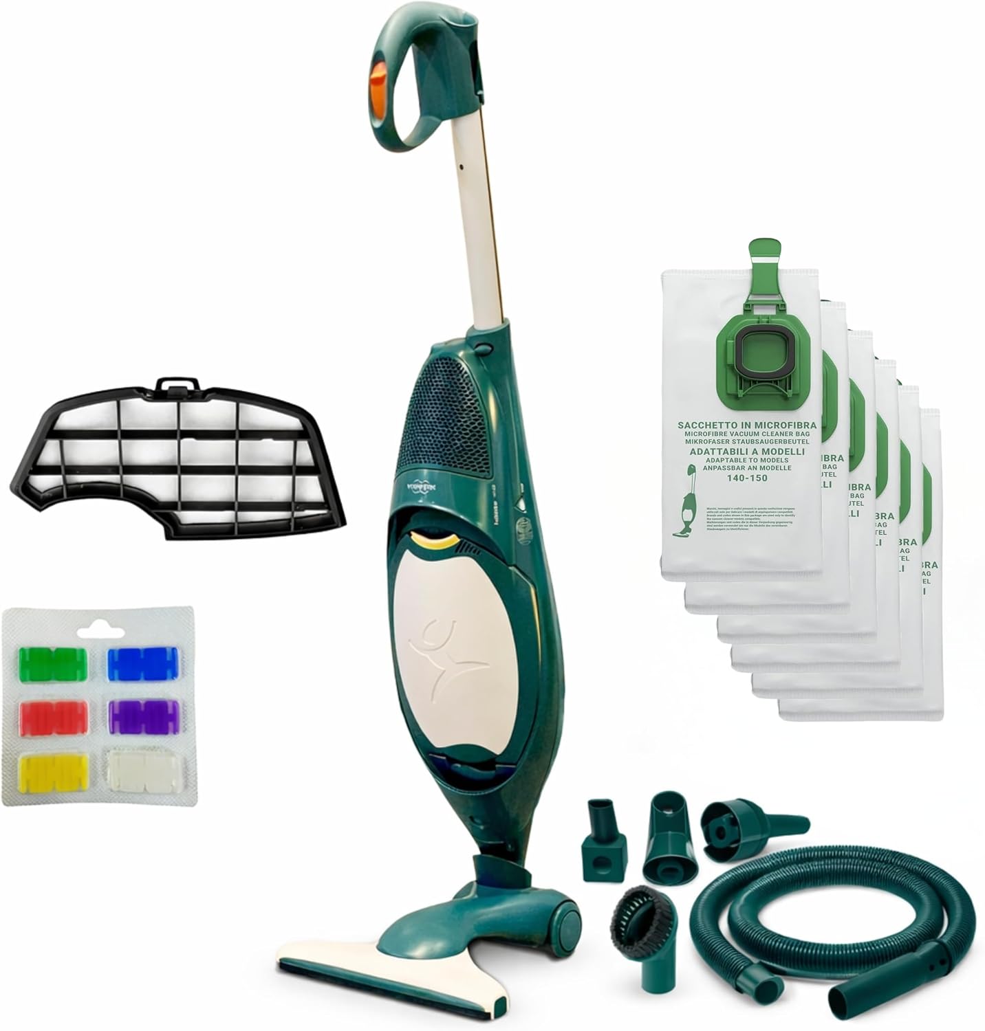 Aspirapolvere FOLLETTO VK140 + Spazzola HD40 + 6 Sacchetti + Tubi + Girasole - Sacco 2,5L, Filtri e Profumini Inclusi, Motore Originale, 74 dBA, 3 kg, Garanzia 2 Anni