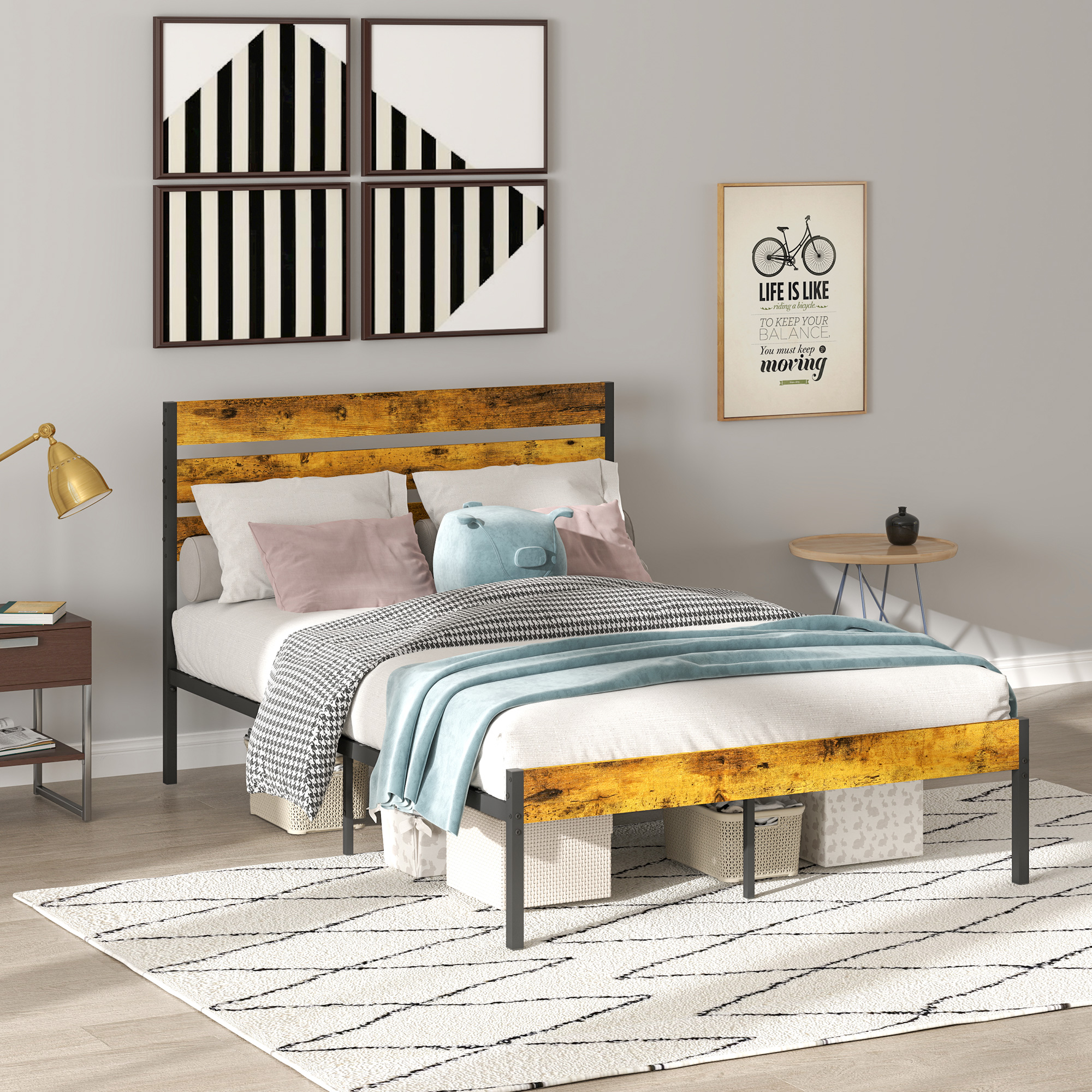 HOMCOM Doppelbettgestell aus Stahl mit Lattenrost und Kopfteil passend für Matratze 140 x 200 cm, Industriestil