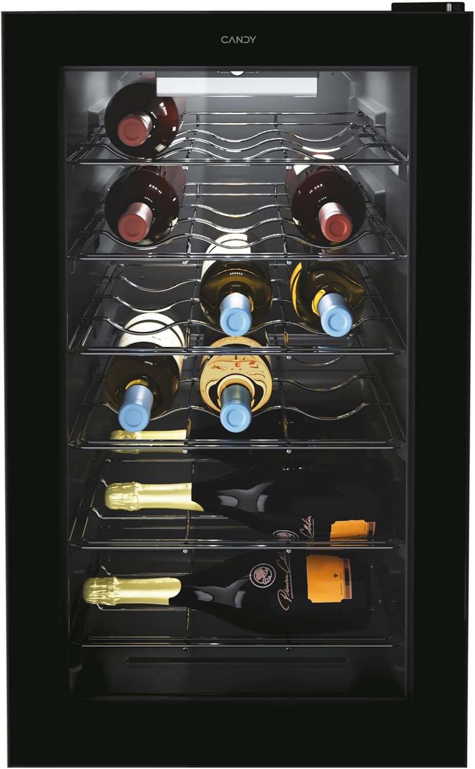 Candy DiVino CWC 021 M/NF Cantinetta Vino, 21 Bottiglie, App hOn con Tecnologia Vivino, Ripiani cromati, 39 dB, Classe G, 40x55x70 cm, Nero [Classe di efficienza energetica G]