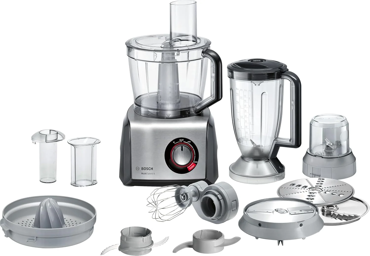Bosch Kompakt-Küchenmaschine MultiTalent 8, Mixer 1,5 L, MC812M844, Rührschüssel 3,9 L, 1250 W, 50+ Funktionen, Universalmesser, grob, Zitruspresse