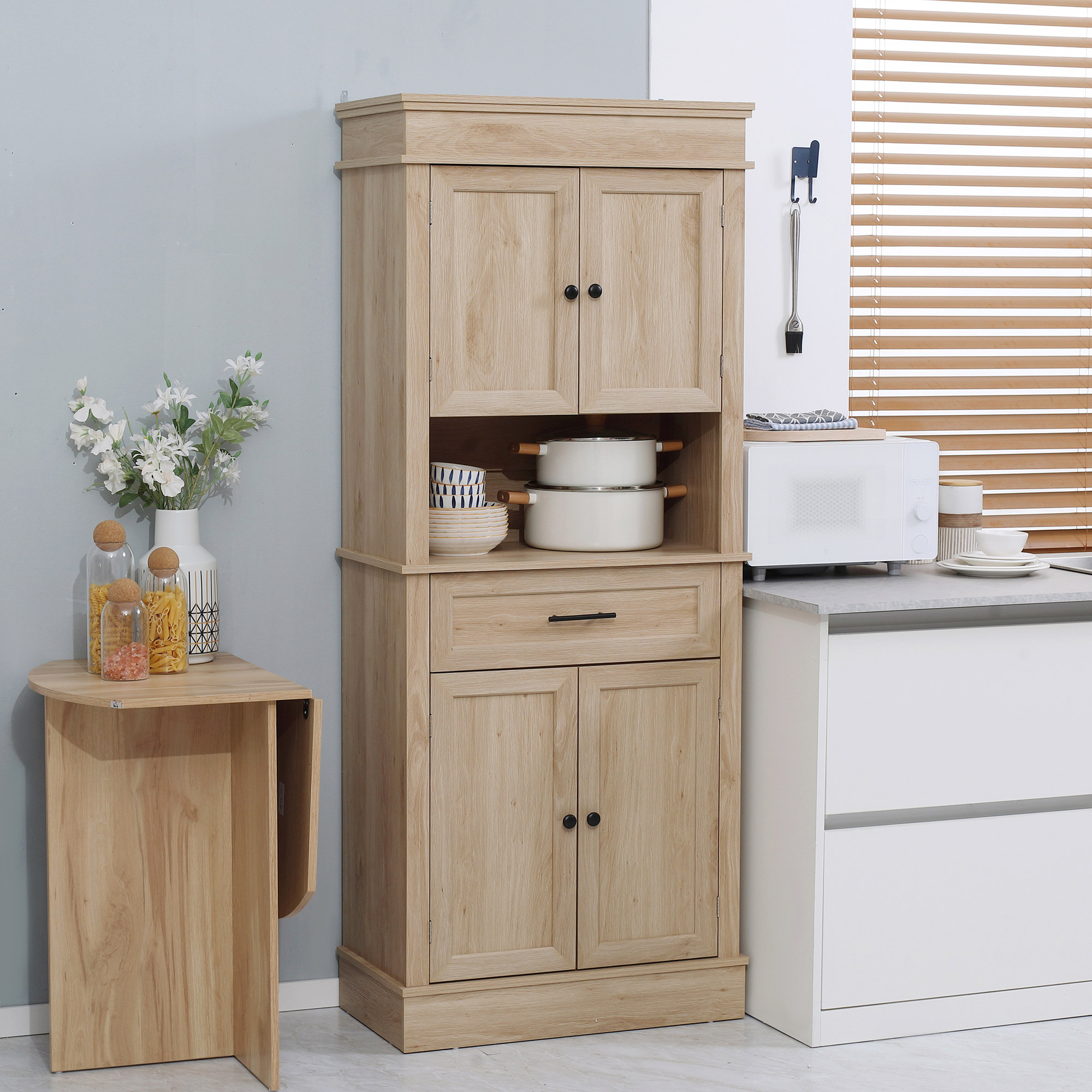HOMCOM Küchenbuffet Küchenschrank mit vielseitiger Aufbewahrung 2 Schränke 2 Türen Schublade Nische MDF Spanplatten E1 Hell Eiche