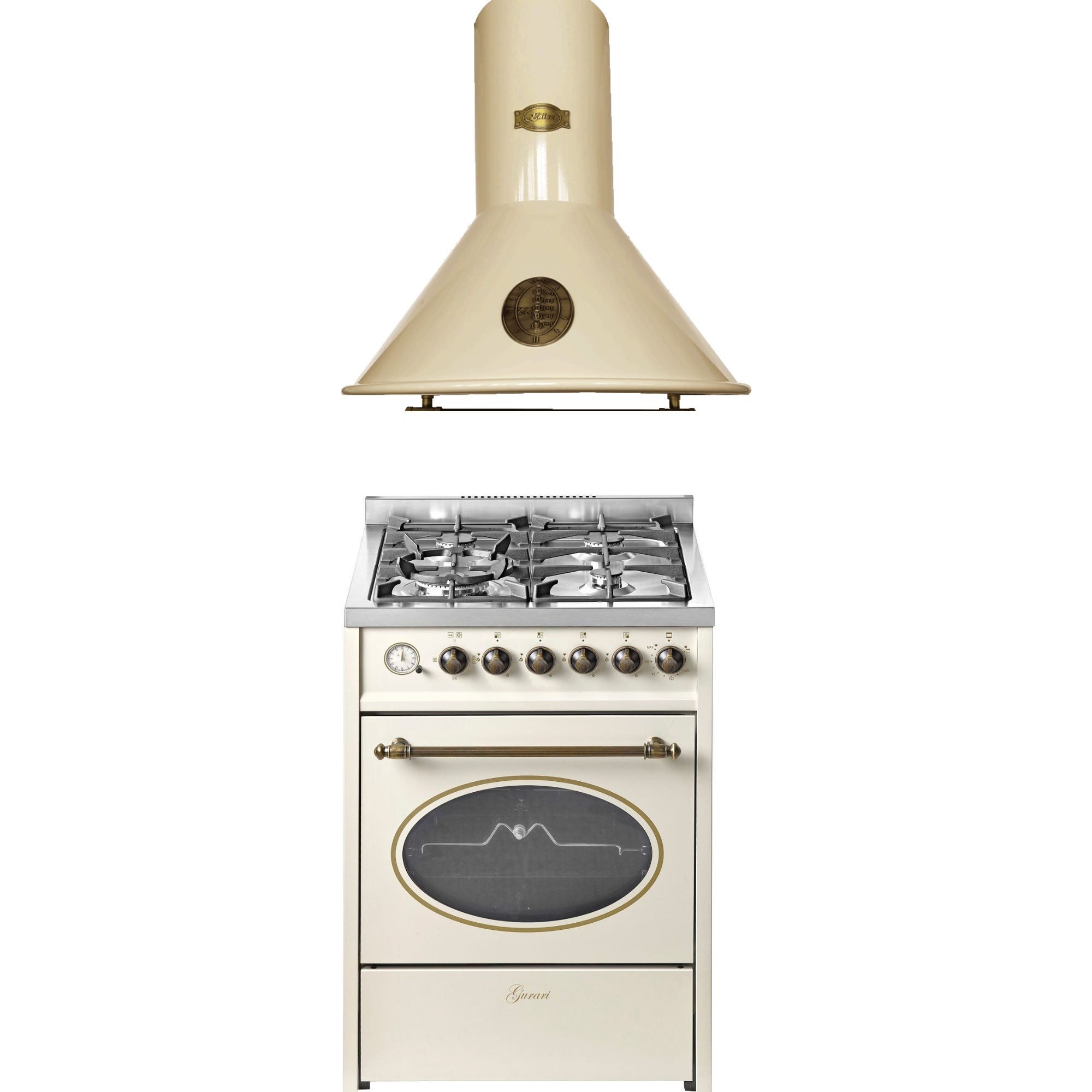 Gas-Standherd 60 cm Erdgas Fl.Gas 4 Kw WOK Gasgrill+Dunstabzugshaube 60 cm mit Metallelementen, Elfenbein, 910 m³/h GCH G 614 CR+A 6423 ElfBE ECO