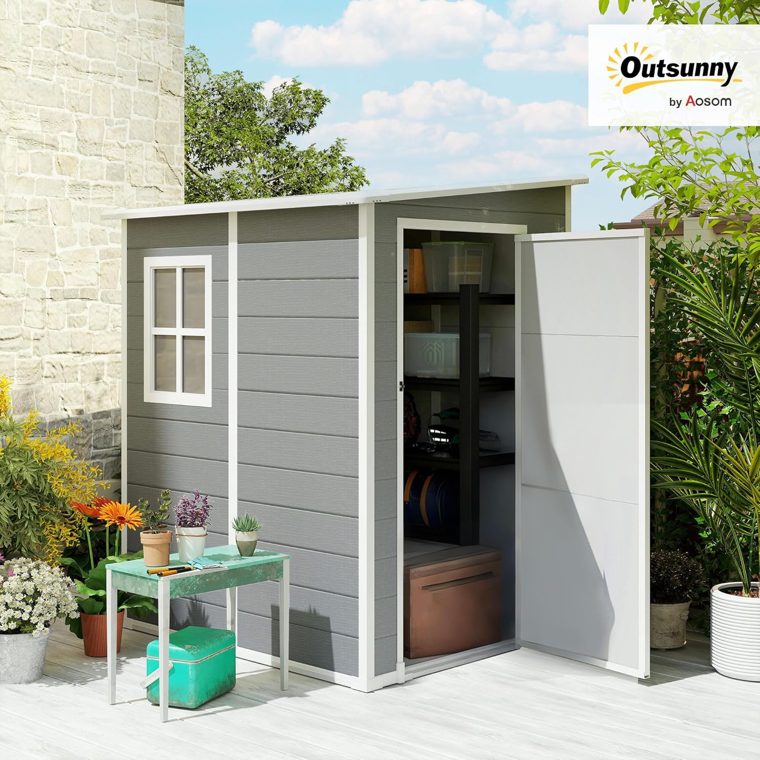 Outsunny Gerätehaus 1,54m³, Gartenhaus mit Pultdach, Boden 122 x 149 x 192/177 cm, wetterfest Geräteschuppen mit Abschließbar Tür, Fenster, Gartenschrank aus Kunststoff, für Hinterhof, Garten, Grau