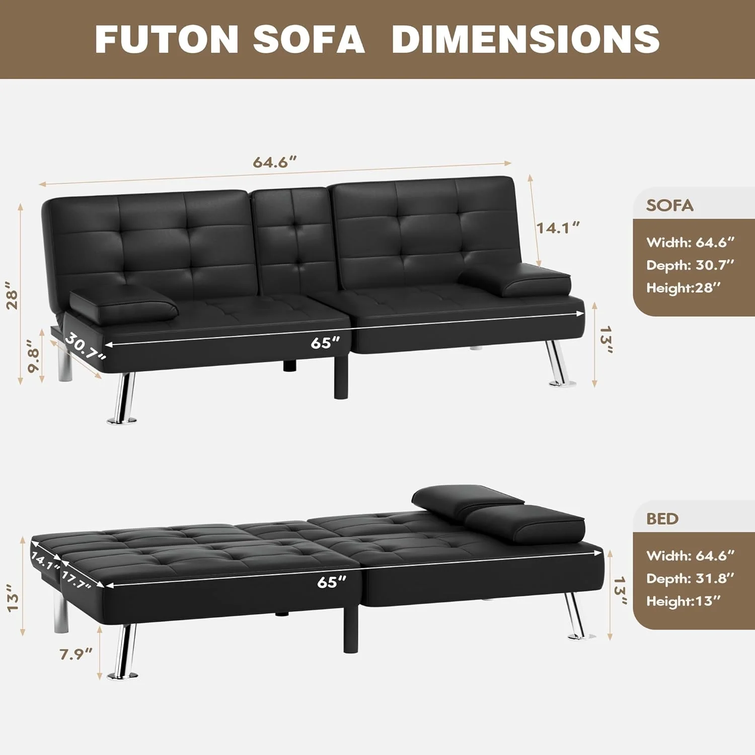 Homall Futon Sofa Bed Leather Futon Couch Removable Armrests Adjustable Recliner Sofa Bed