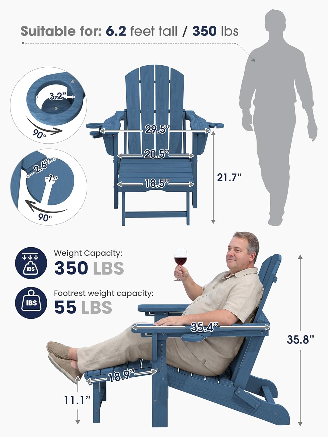 KINGYES Folding Adjustable Adirondack Chair with Retractable Ottoman  HDPE Recliner Adirondack Chair with Cup Holder  Blue