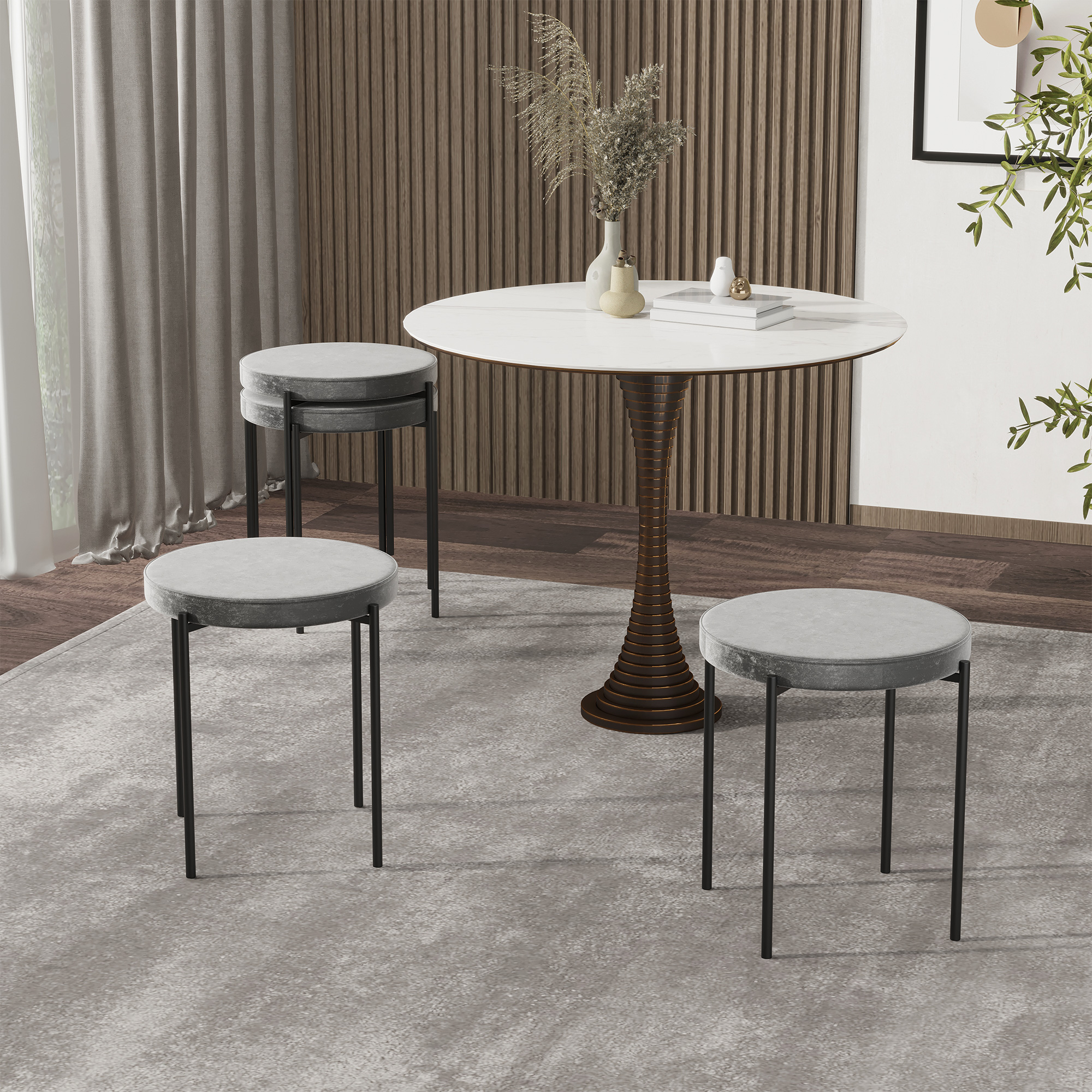HOMCOM 4er-Set Esszimmerhocker Stapelbar Esszimmerstühle Küchenstuhl mit gepolstertem Sitz, Samtoptik Sitzhocker Samt für Küche Esszimmer Metall Grau 41,5 x 41,5 x 46 cm
