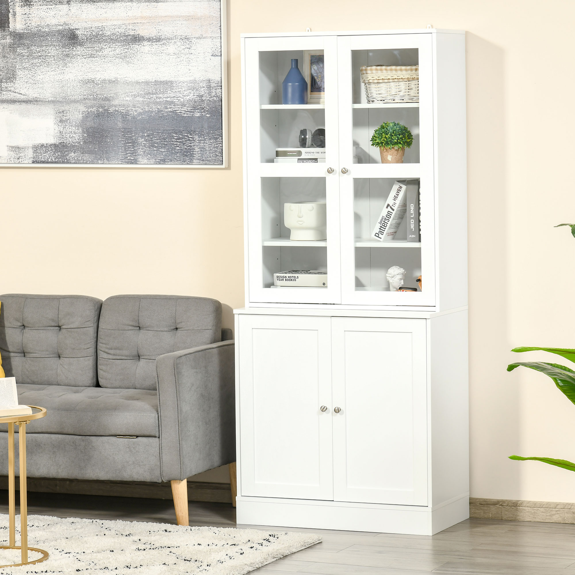 HOMCOM Bücherschrank 178,5 cm Hochschrank Vitrinenschrank mit Glastür 6 Fächern Küchenschrank für Wohnzimmer Büro Arbeitszimmer Küche Weiß