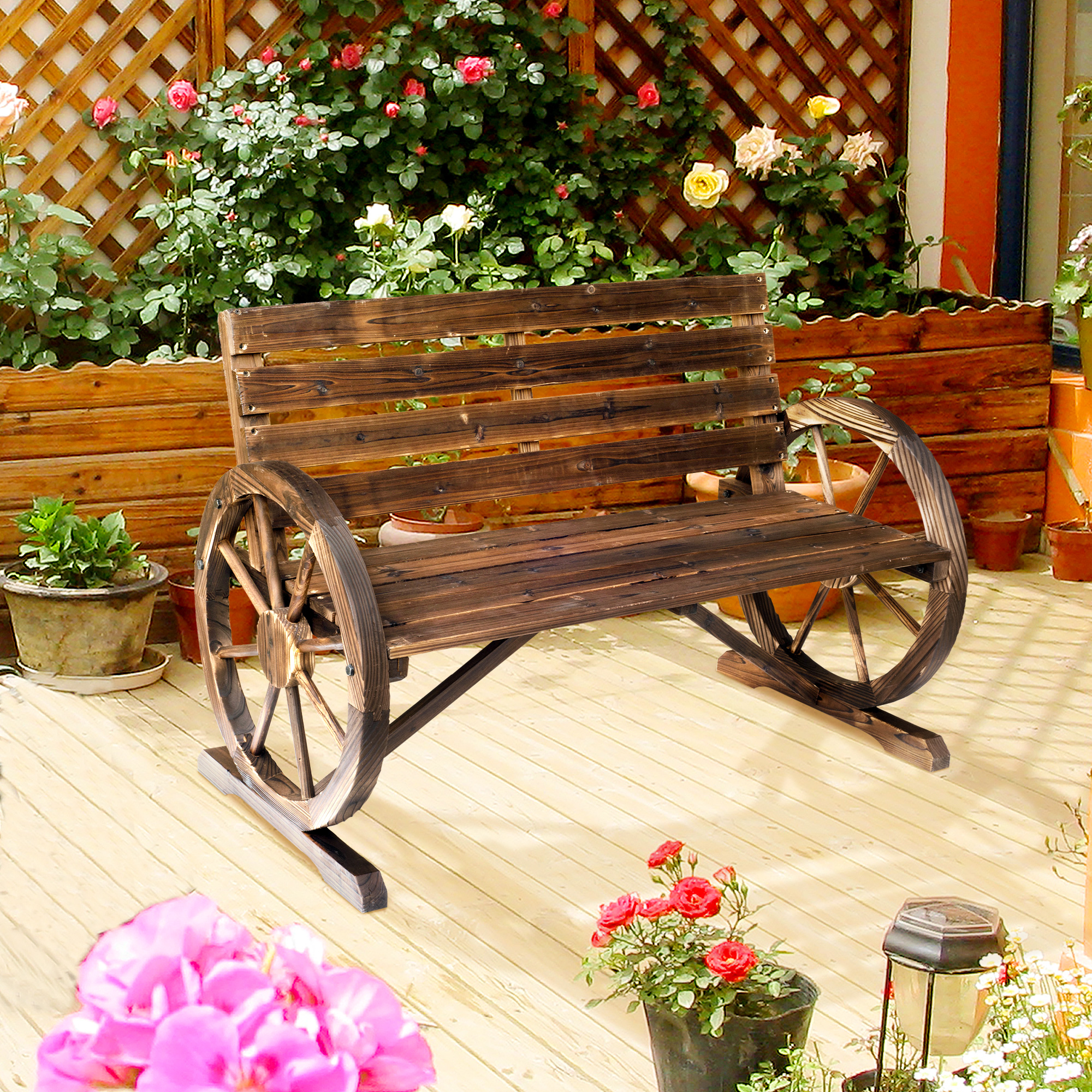 Outsunny Gartenbank 2-Sitzer Sitzbank Holzbank Wagenrad mit Armlehne Landhausstil Tannenholz Braun 105,5 x 59 x 75 cm