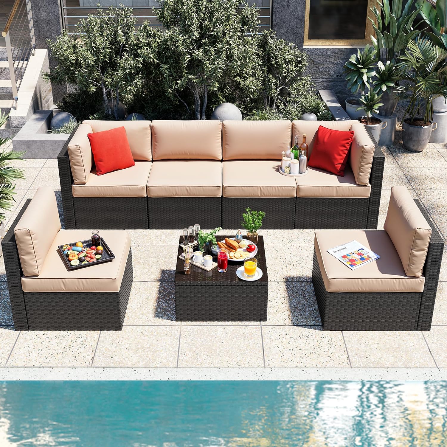 Vongrasig 5 Piece Patio Furniture Sets. Outdoor Patio Set Sectional Sofa. All-Weather PE Rattan Outdoor Couch with Ottoman. Glass Table for Garden. Backyard. Porch. Beige