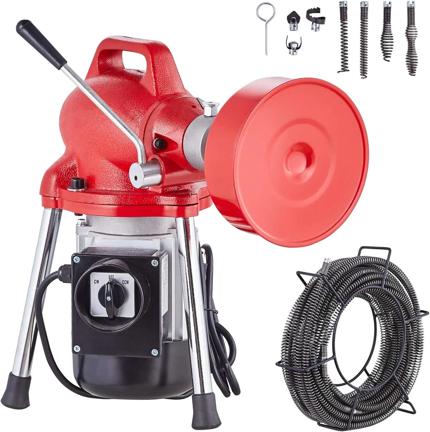 Segmented sewer cleaning machine 66 feet x 5/8 inches, 250-watt electric sewer unclogger with manual feeder - equipped with 2 steel cables, 7 cutters and clockwise/counterclockwise control device, suitable for 1.6-inch to 4-inch pipes.
