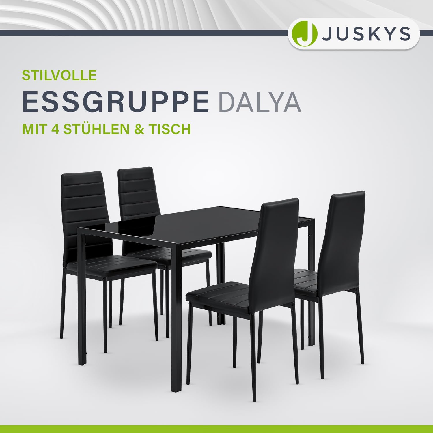 Juskys Set da pranzo Dalya - Set con tavolo da pranzo e sedie per 4 persone - Sala da pranzo con 4 sedie e tavolo - Arredamento moderno per sala da pranzo in nero