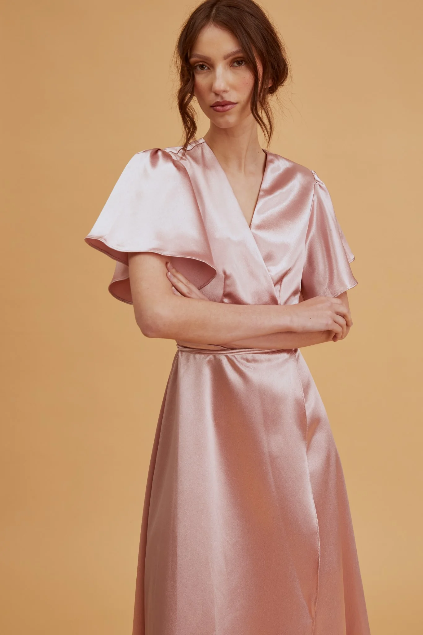 Serena Dusty-Pink Bridesmaid Wrap Midi-Dress