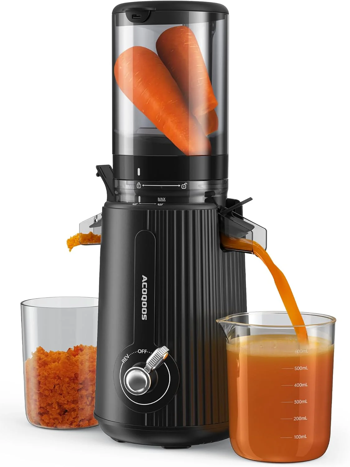 ACOQOOS Sapcentrifuge, sapcentrifuge voor groenten en fruit met 110 mm vulopening, eenvoudig te reinigen slowjuicer met 2 bekers, zwart