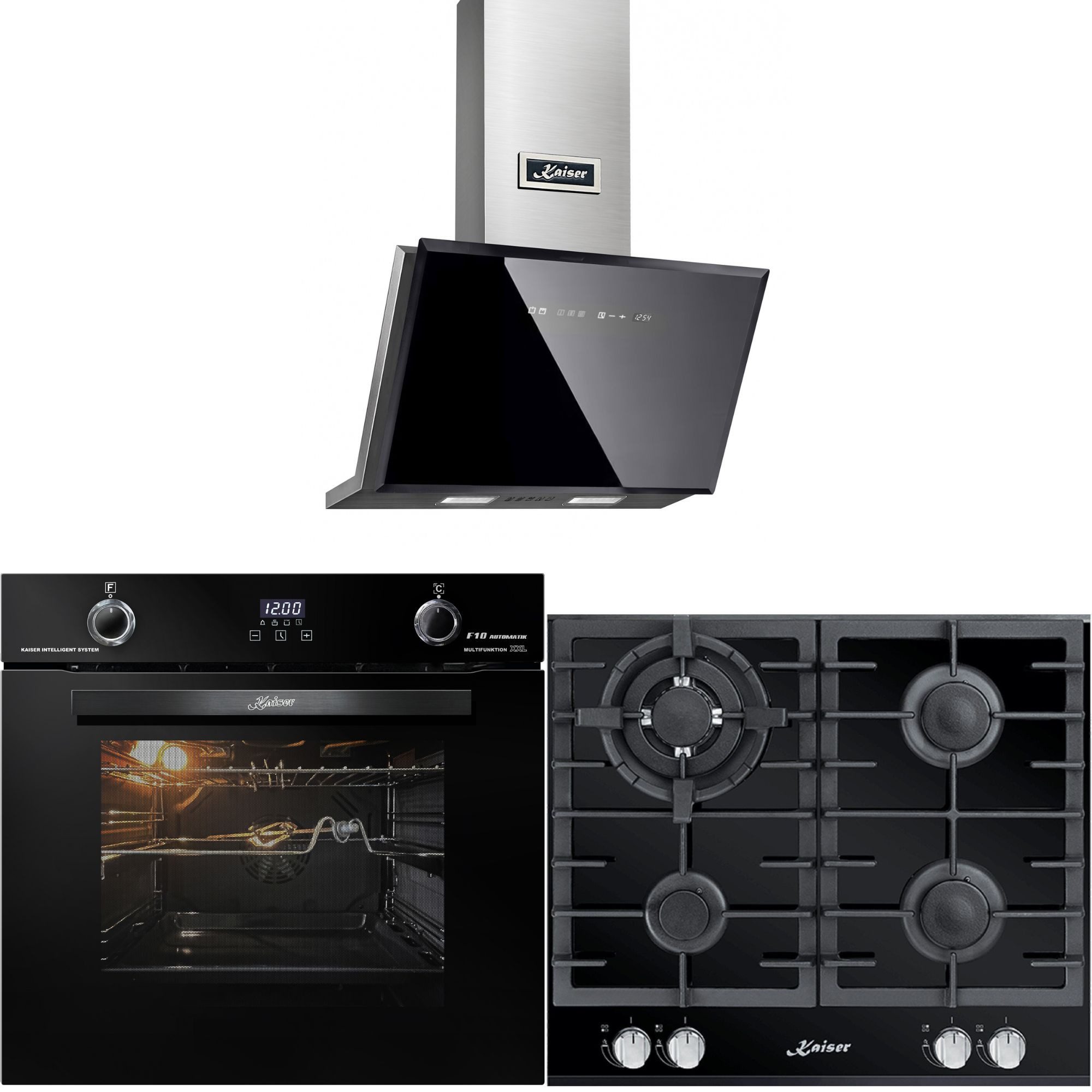 Backofen-Set Herd Set Autark Elektro Backofen, Autark, 79L, 10Funktionen+ Gaskochfeld 60 cm 4 Brenner WOK 3,8 kW WOK+Dunstabzugshaube 60 cm, Edelstahl, 1250m³/h EH 6367+KCG 6380+AT 6430 F ECO