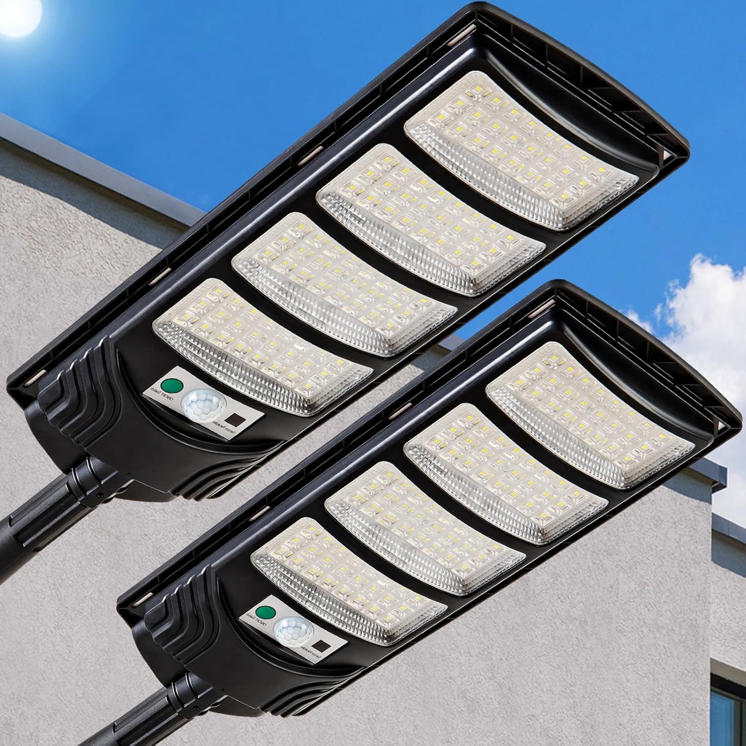 Solar-Straßenlaternen für den Außenbereich, wasserdicht, LED-Solarlicht, Flutlichter mit Bewegungsmelder und Fernbedienung, für Außenwand, Terrasse, Hof, Deck, Garten, Parkplatz-Lichter (2er-Pack)