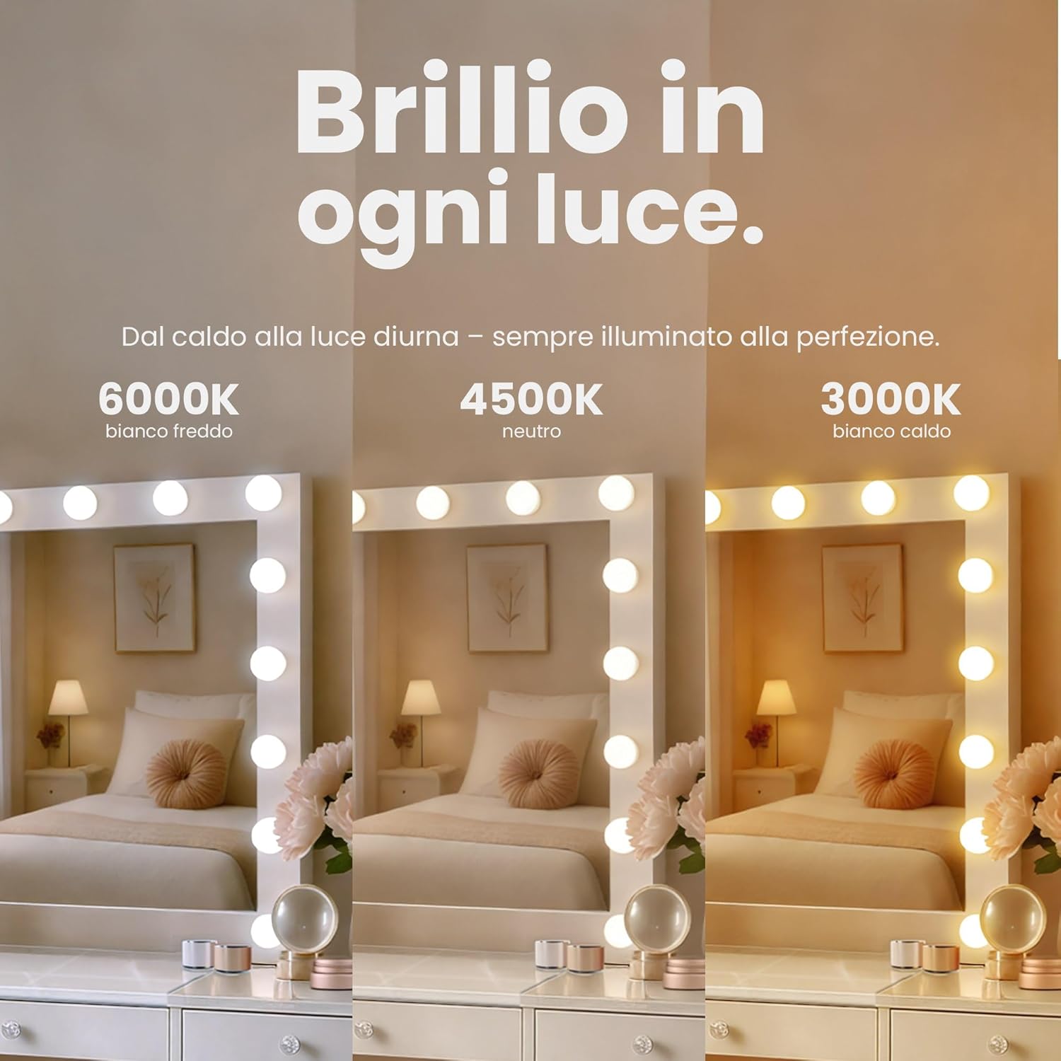 CLP Atalla Makeup Table with Lighting and Mirror, 100 x 80 cm, Hollywood LED Mirror with 3 Light Shades, USB-A and USB-C Sockets, Colour: White