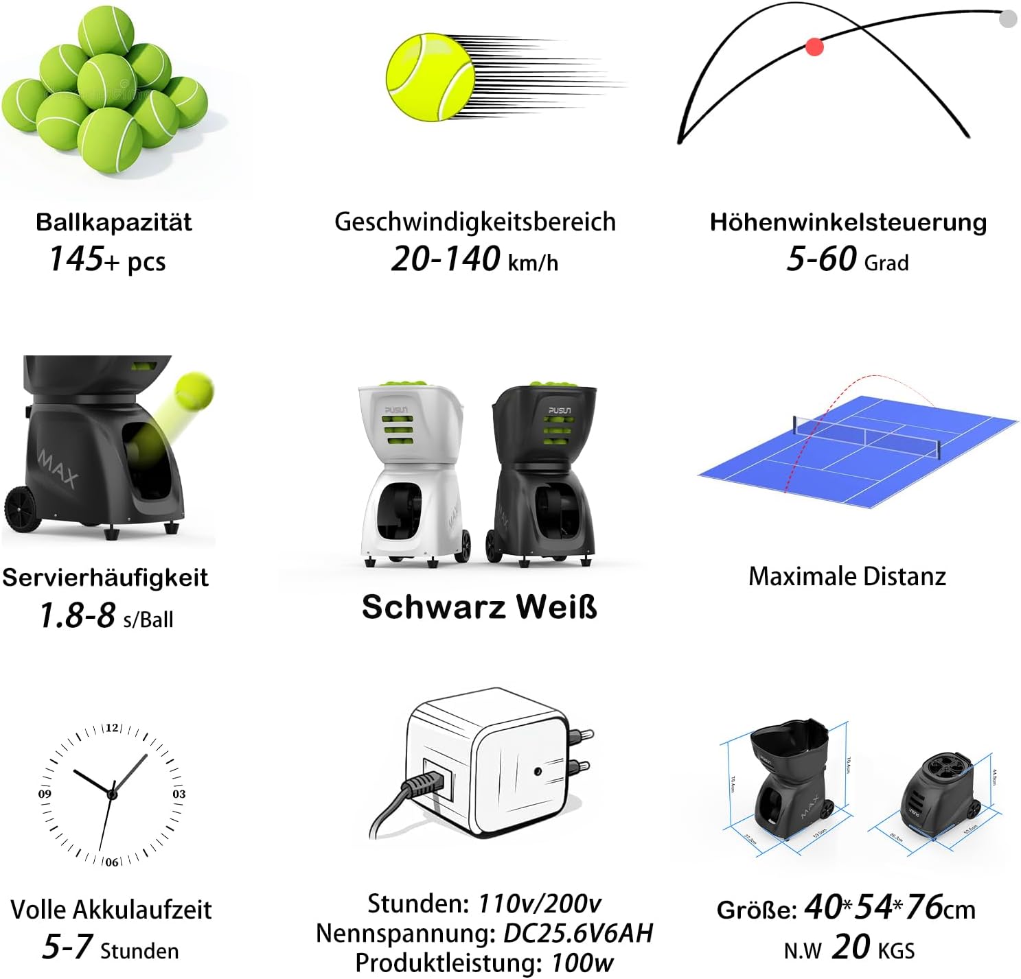 PT-MAX C Tennisballmaschine - Profi Ballwerfer mit APP-Steuerung (App für Watch), 28 Landepunkte & 26 Modi, Smart Trainer für alle Spielniveaus mit variablem System (5-7 Std.)