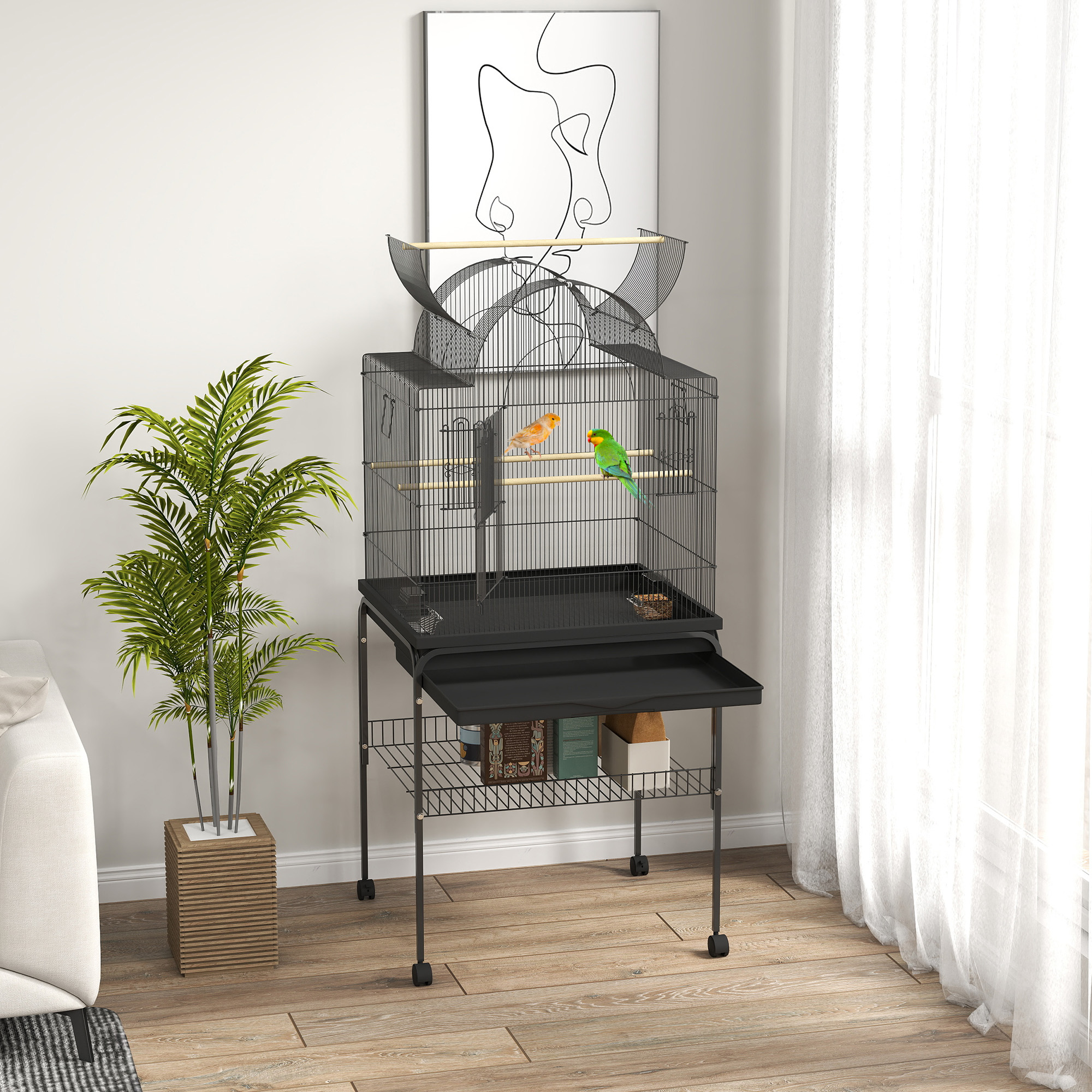 PawHut Vogelkäfig für Kanarienvögel & Wellensittiche, mobil, mit Bodenfach, Metallgitter, Schwarz