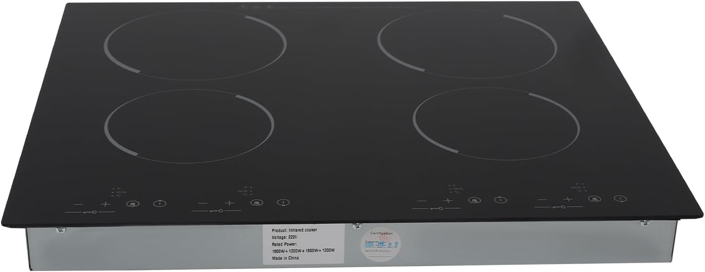 Piastra di cottura in vetroceramica 4 fuochi, tavolo da cottura elettrico in ceramica, potenza regolabile, timer da 0 a 120 minuti, per tutti i tipi di casseruole
