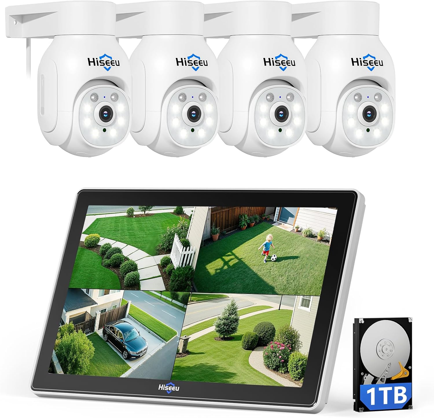 Hiseeu Monitor, Weiß, 【5MP+PTZ】 Überwachungskamera Set Aussen WLAN mit 10'' 10CH, 4 Pcs 5MP PTZ WiFi Kameras mit 2-Wege Audio