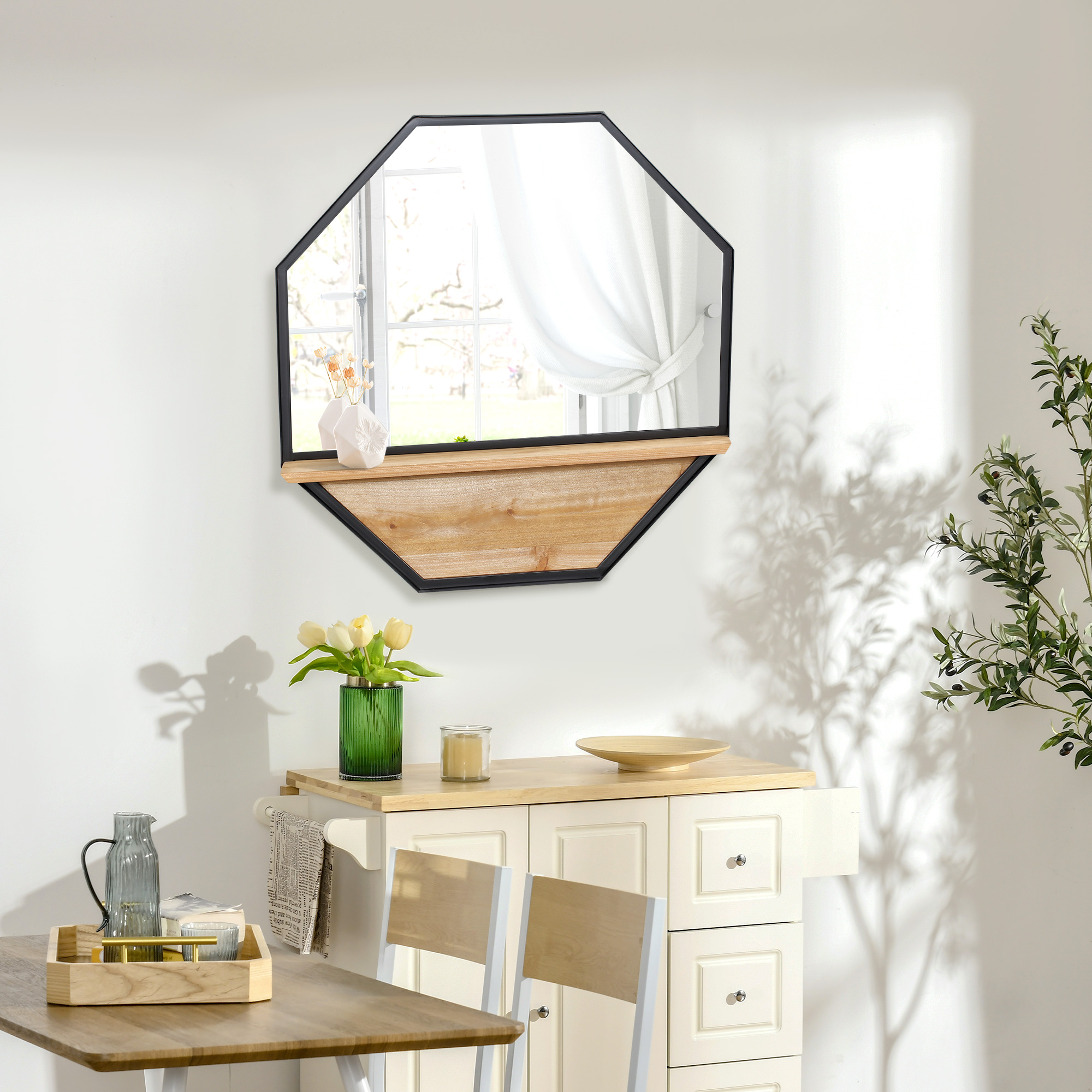 HOMCOM Wandspiegel mit Regal Industrie-Design Tannenholz Metall Schwarz +Natur